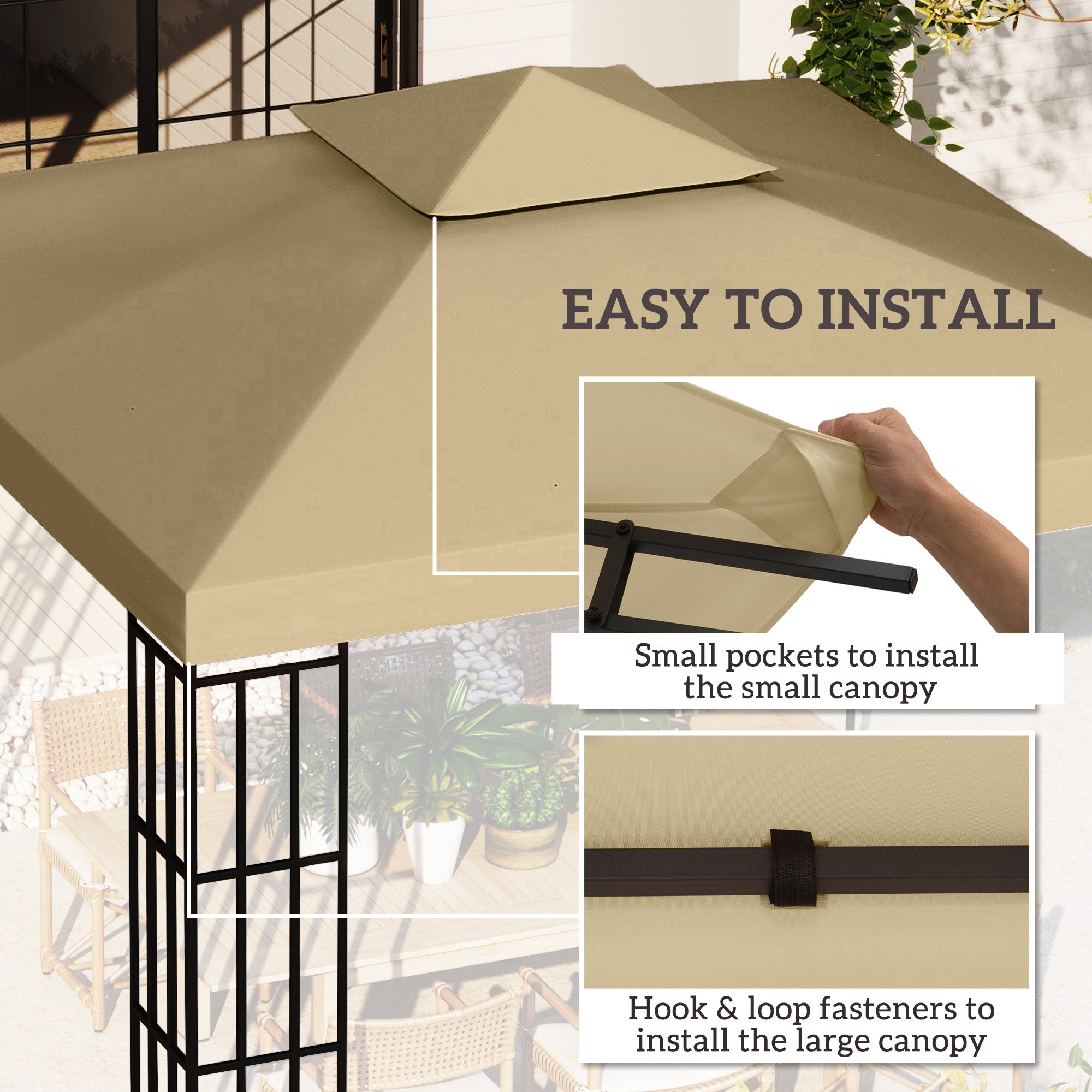 Outsunny 3(m) Gazebo Top Cover Double Tier Canopy Replacement Pavilion Roof Deep Beige - North Peak Garden Furniture