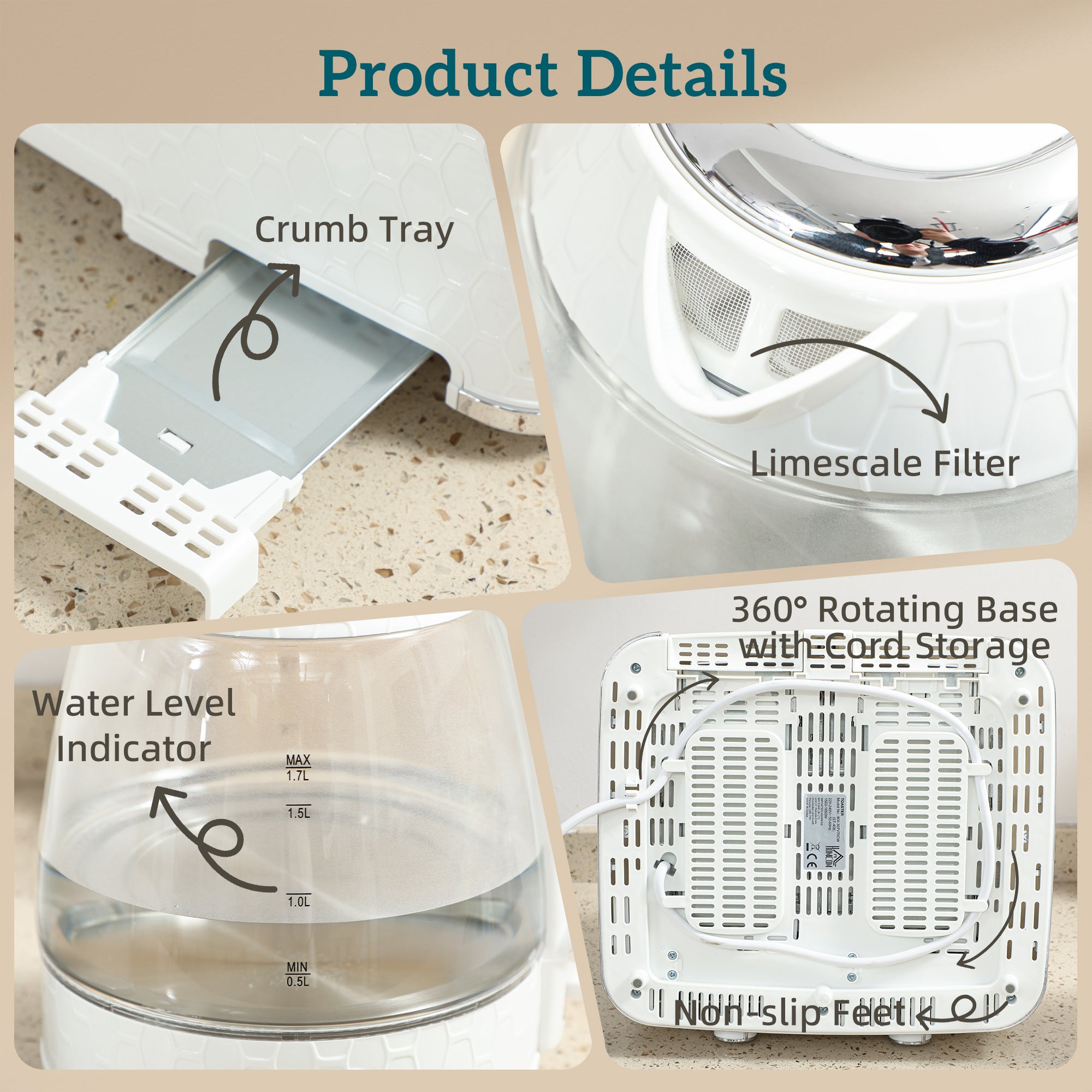 HOMCOM Kettle and Toaster Set, 1.7L 3000W Rapid Kettle with Strix Thermostat, 4 Slice Toaster with 7 Browning Controls, Cream