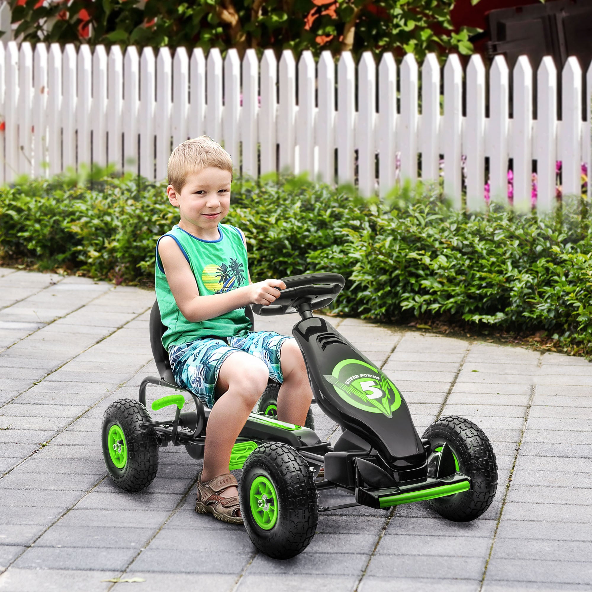 HOMCOM Kids Pedal Go Kart, with Adjustable Seat, Inflatable Tyres - Green - North Peak Garden Furniture