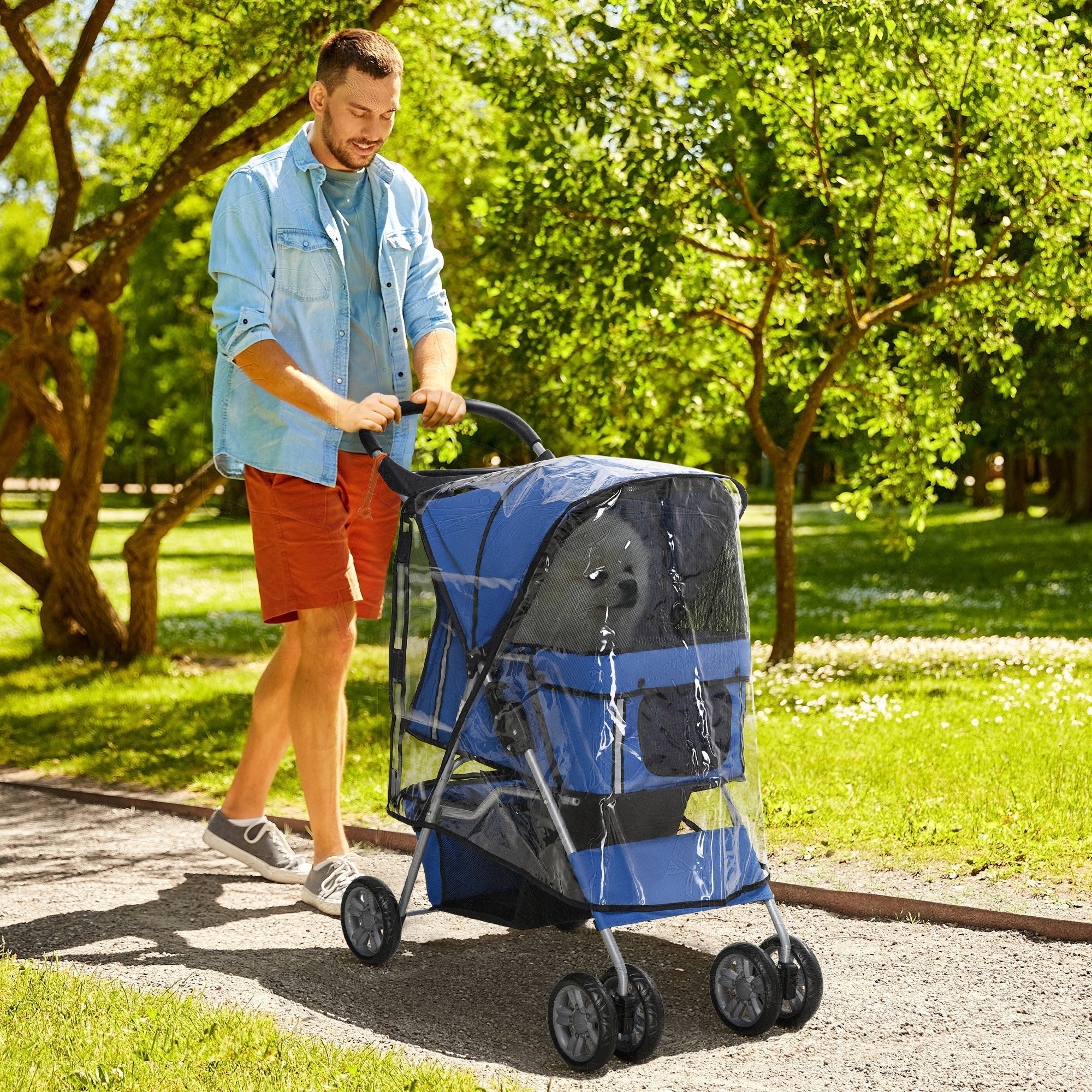 PawHut Dog Stroller with Rain Cover for Small Miniature Dogs, Folding Pet Pram with Cup Holder, Storage Basket, Reflective Strips, Blue - North Peak Garden Furniture