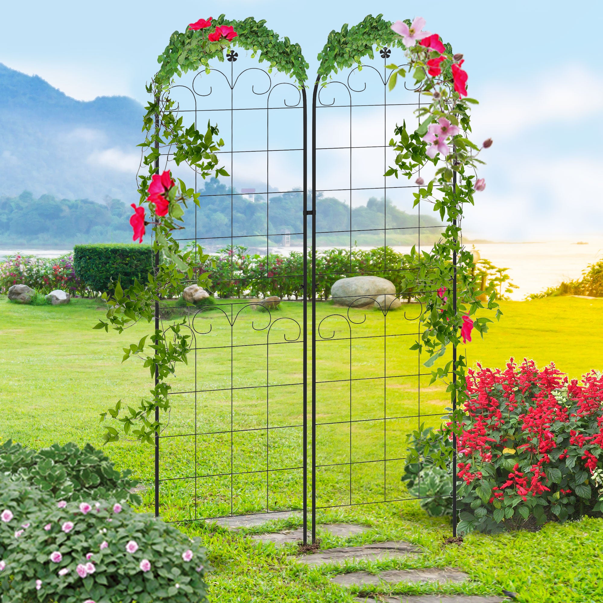 Outsunny Metal Trellis Set of 2, Garden Trellis for Climbing Plants Support Frames, Floral Design