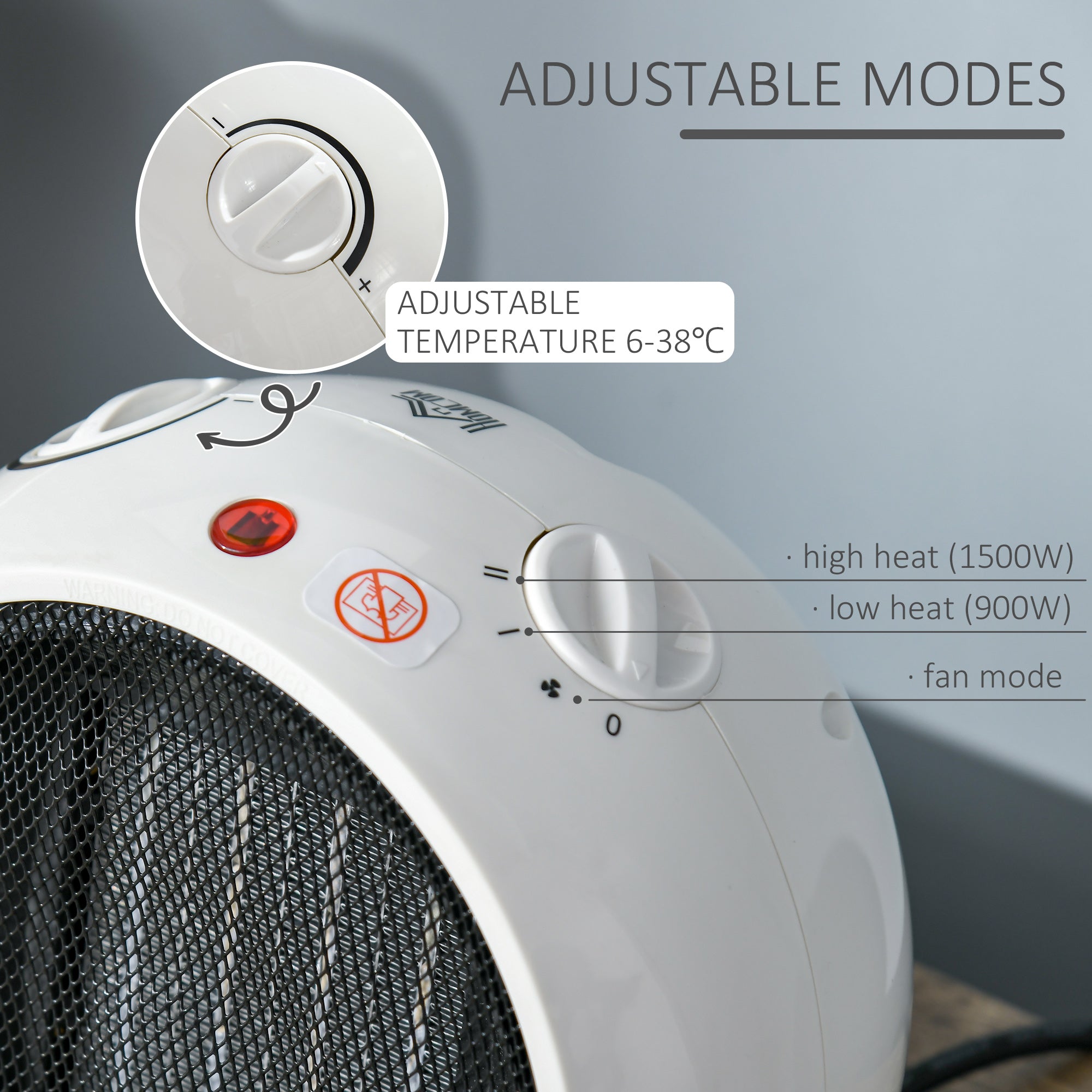 HOMCOM Small Table Top Space Heater, Ceramic Electric Heater with 2 Heat and Fan, Adjustable Temperature, Tip-Over & Overheating Protection, 900W/1500W - North Peak Garden Furniture