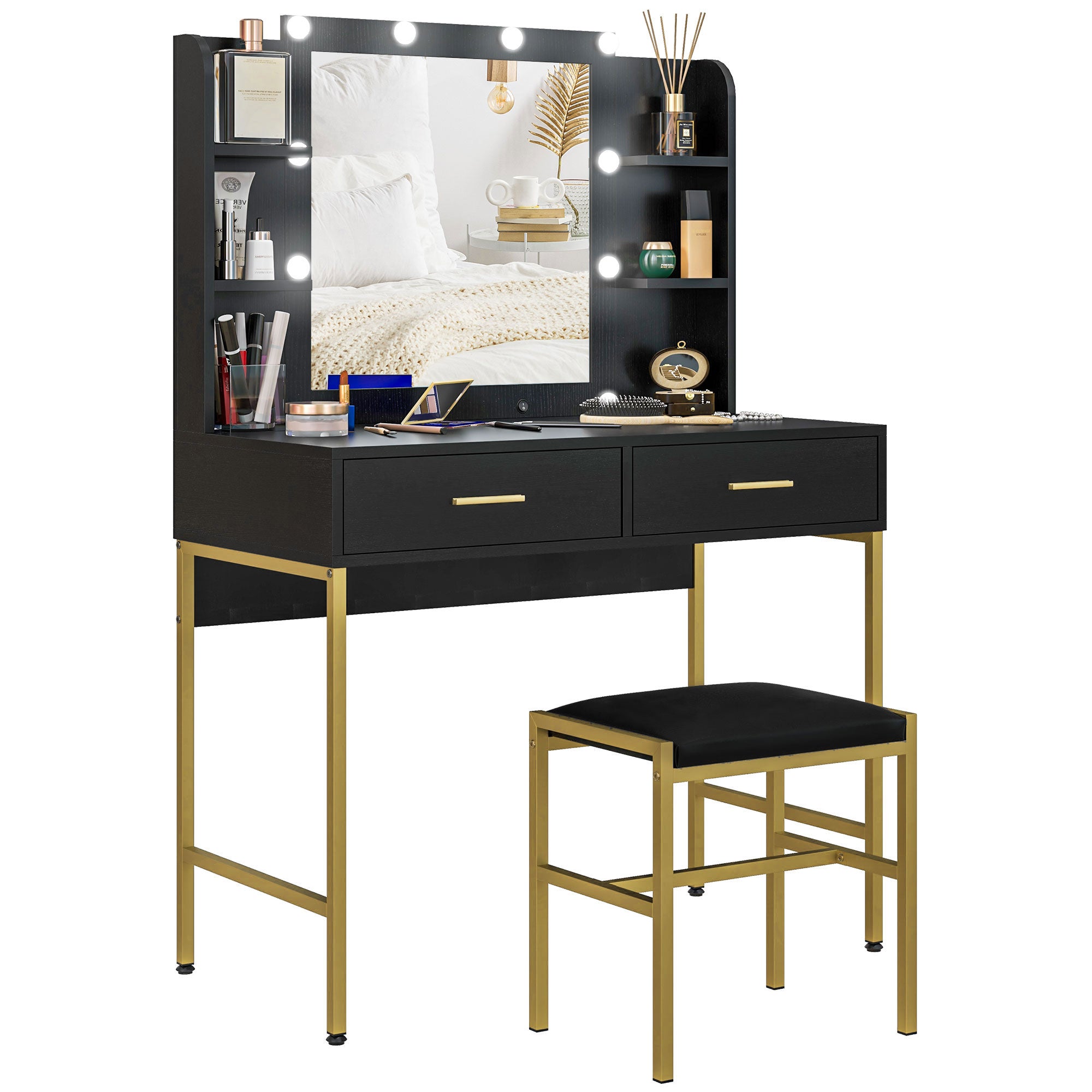 HOMCOM Dressing Table Set, with Storage and Stool - Black - North Peak Garden Furniture