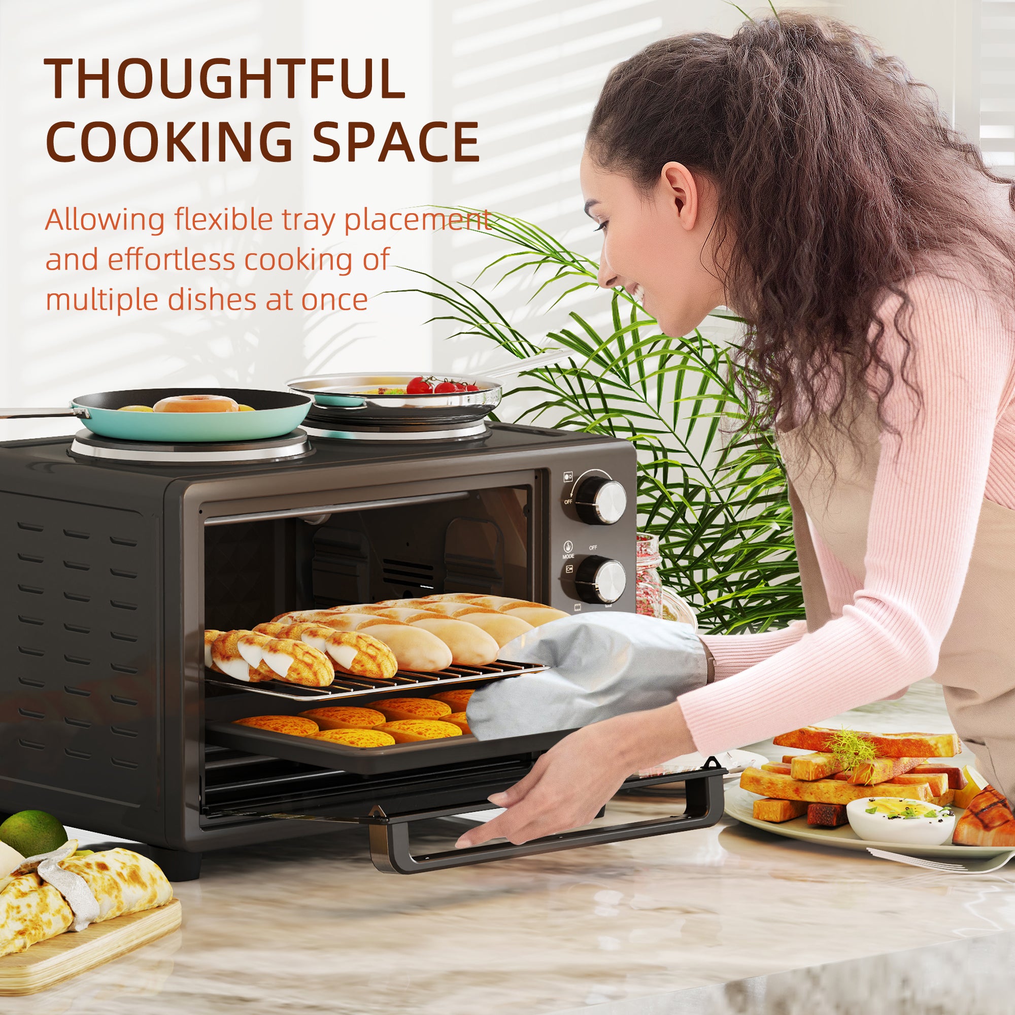 HOMCOM 28L Mini Oven with 2 Hot Plates, Countertop Toaster Oven, Grill, Roast, Bake, Boil, with Timer, Adjustable Temperature, Electric Oven with Baking Tray, Grill Rack, Crumb Tray, 2600W, Black - North Peak Garden Furniture