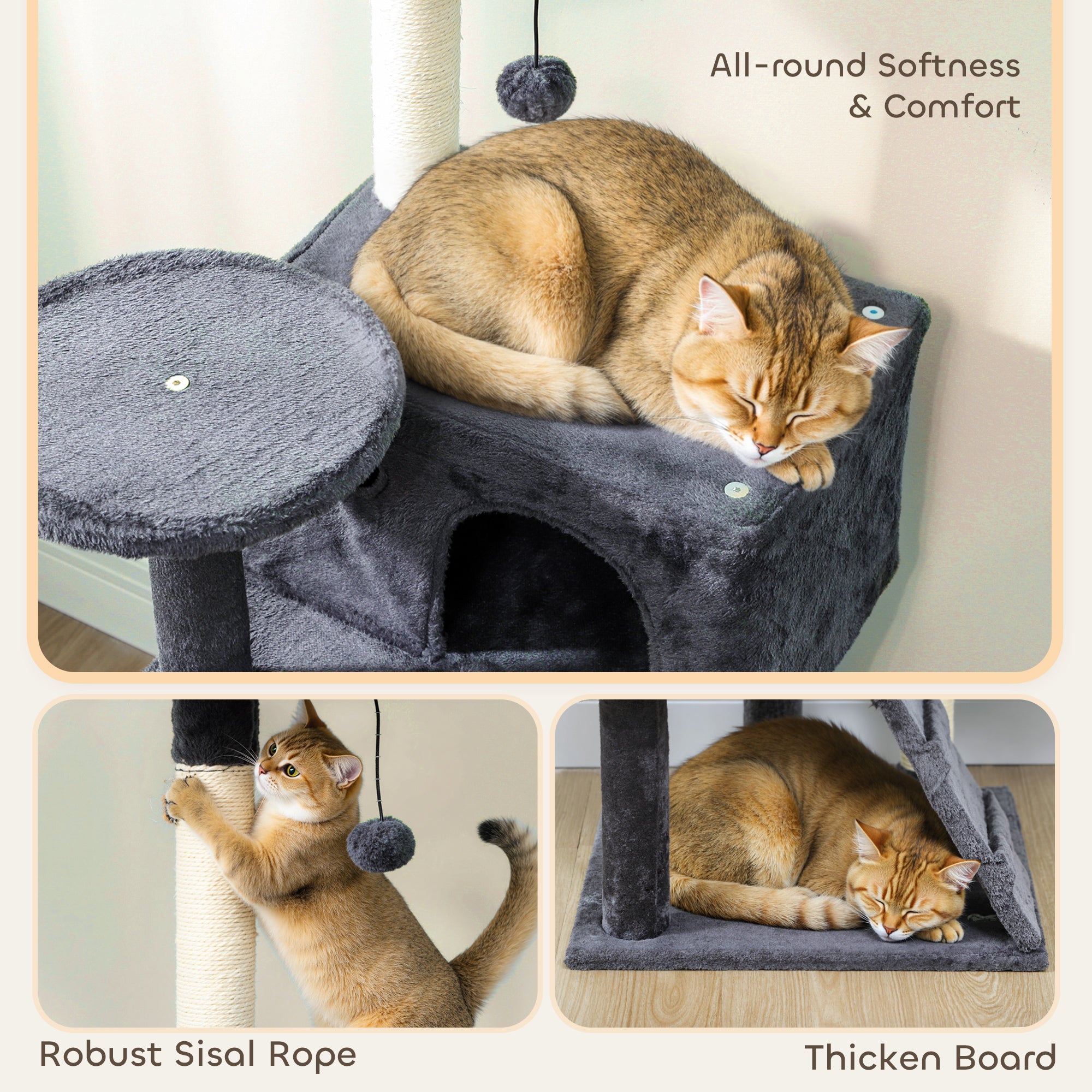 PawHut 140cm Large Cat Tree Tower with Sisal Scratching Posts, Cat Houses, Plush Perches, Hammock, Ladder, Dark Grey