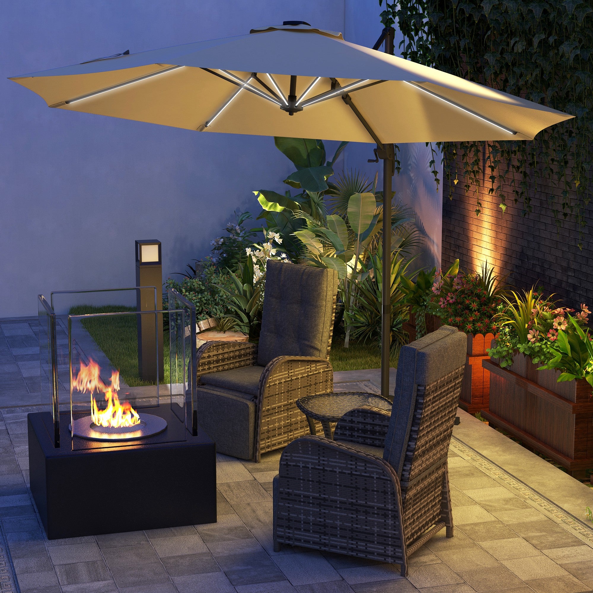 Outsunny 3(m) Adjustable Cantilever Parasol with Base, Solar LED Lights, Khaki - North Peak Garden Furniture