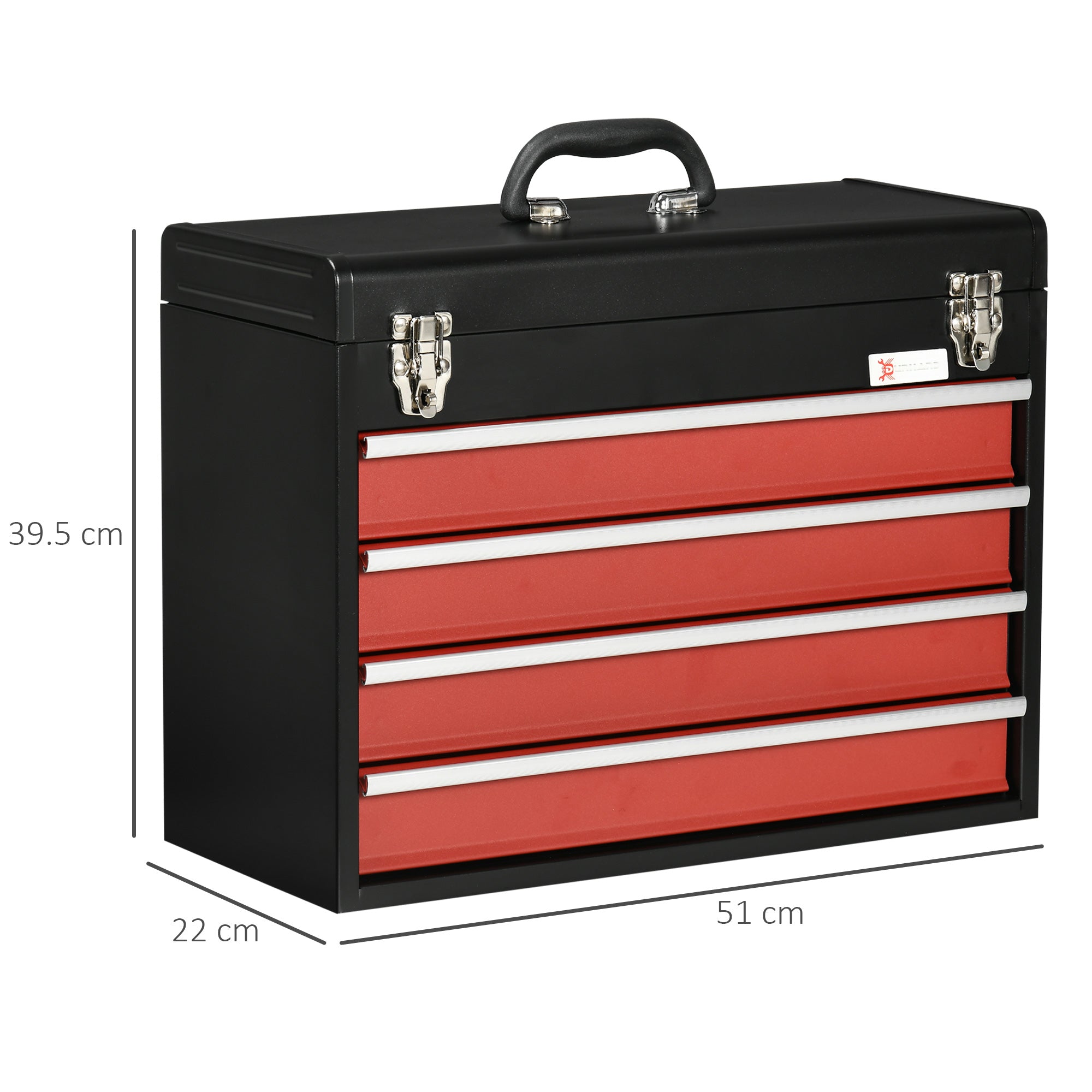 DURHAND 4 Drawer Tool Chest, Lockable Metal Tool Box with Ball Bearing Runners, Portable Toolbox, 510mm x 220mm x 395mm, Black - North Peak Garden Furniture