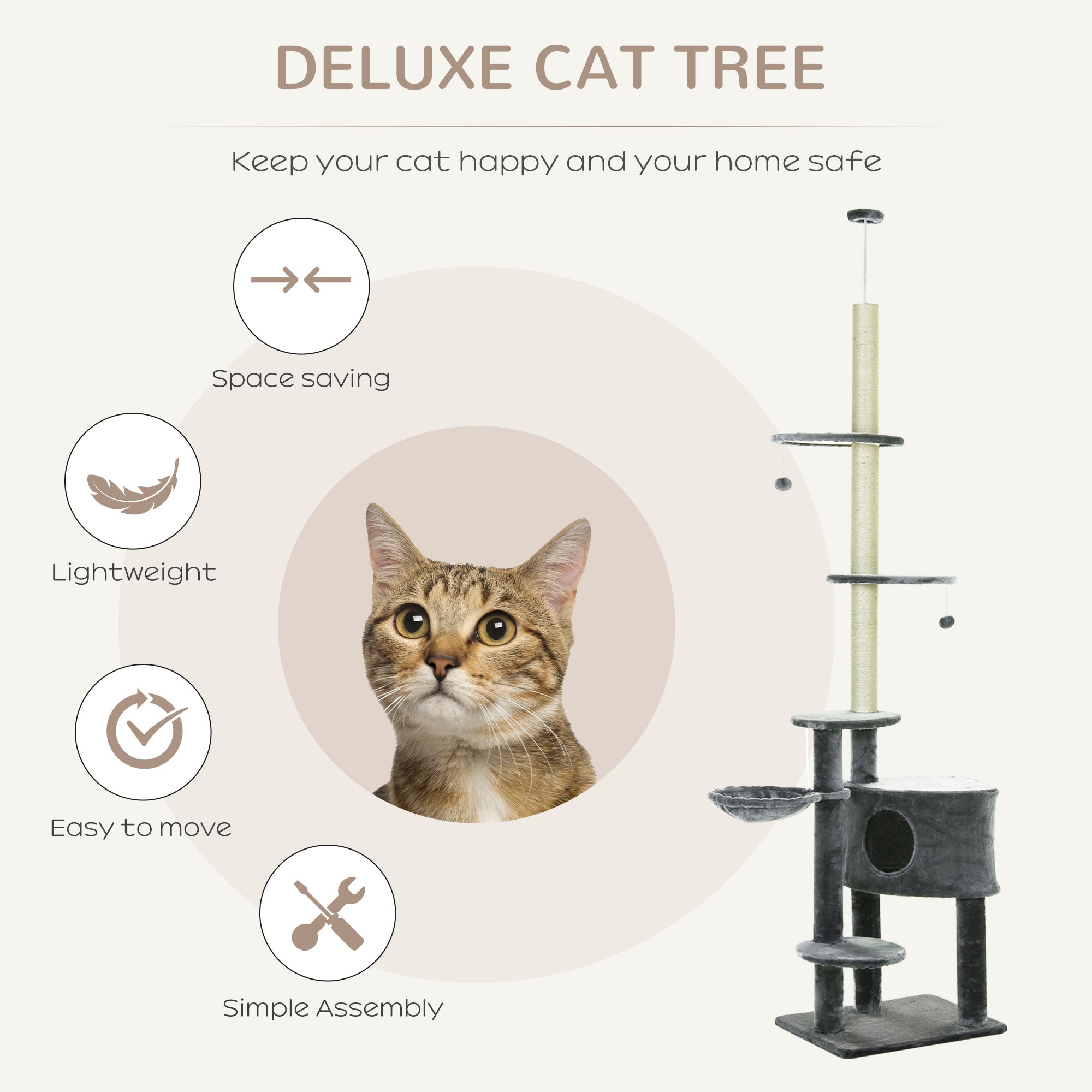 PawHut Floor to Ceiling Cat Tree for Indoor Cats Play Tower Climbing Activity Center Scratching Post Platforms Condo Adjustable Height 220-265cm Dark Grey