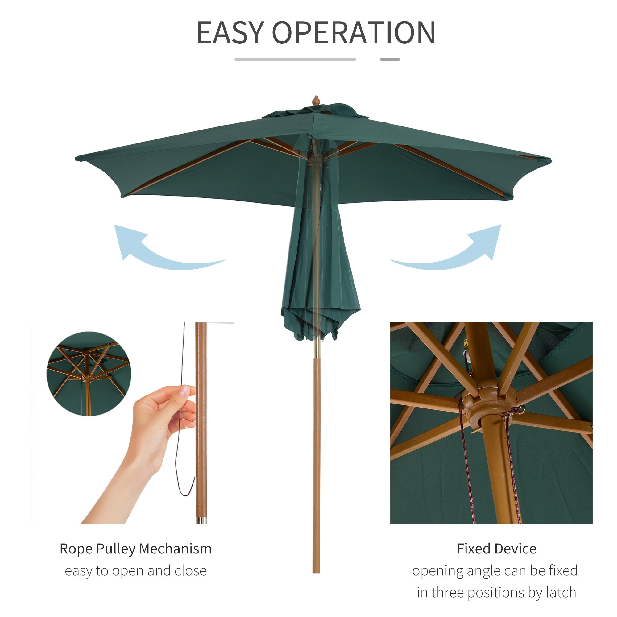 Outsunny Wooden Parasol: 2.5m UV-Protective Garden Umbrella with Pulley System, Dark Green