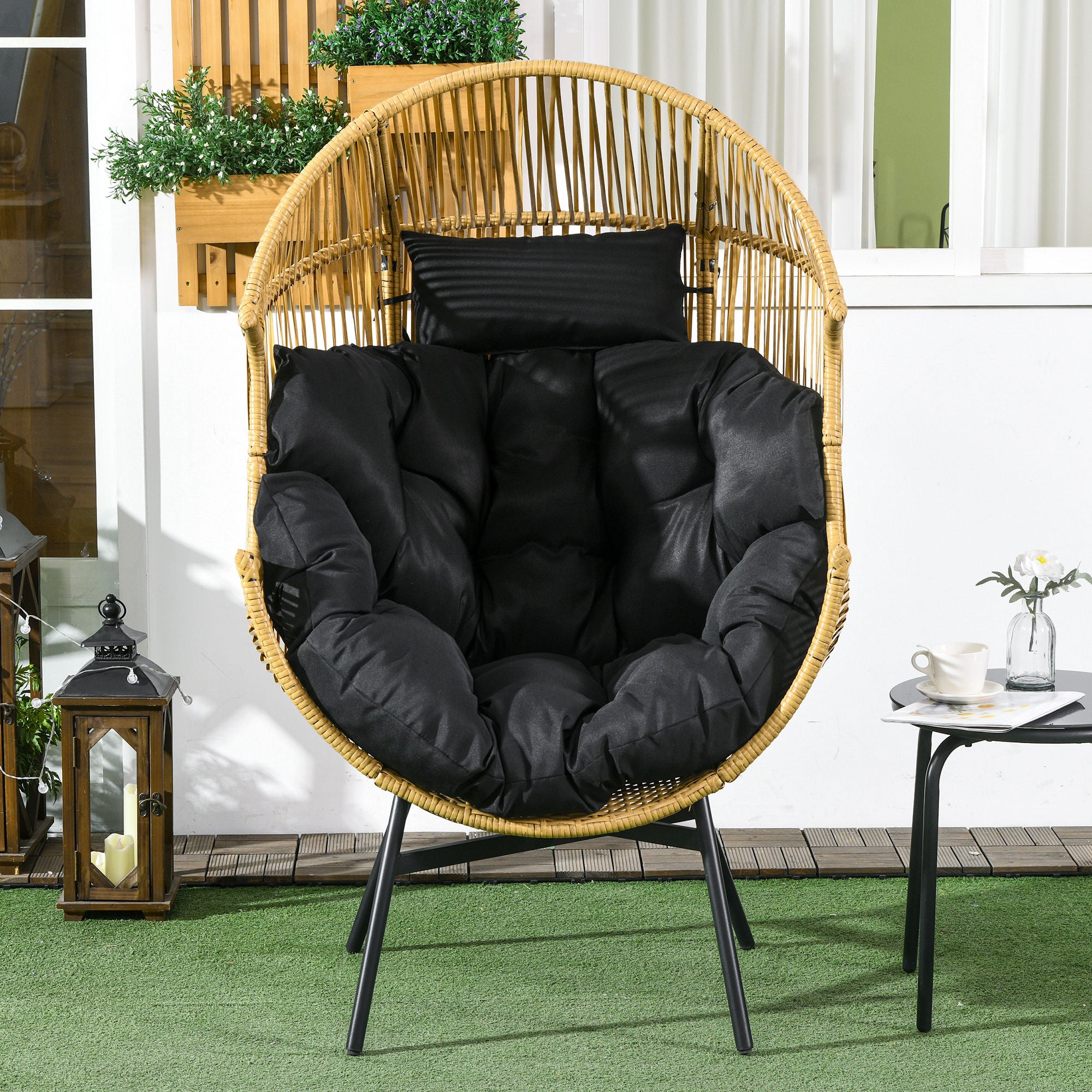 Outsunny String Rattan Egg Chair, with Padded Seat Cushion - Sand/Black - North Peak Garden Furniture