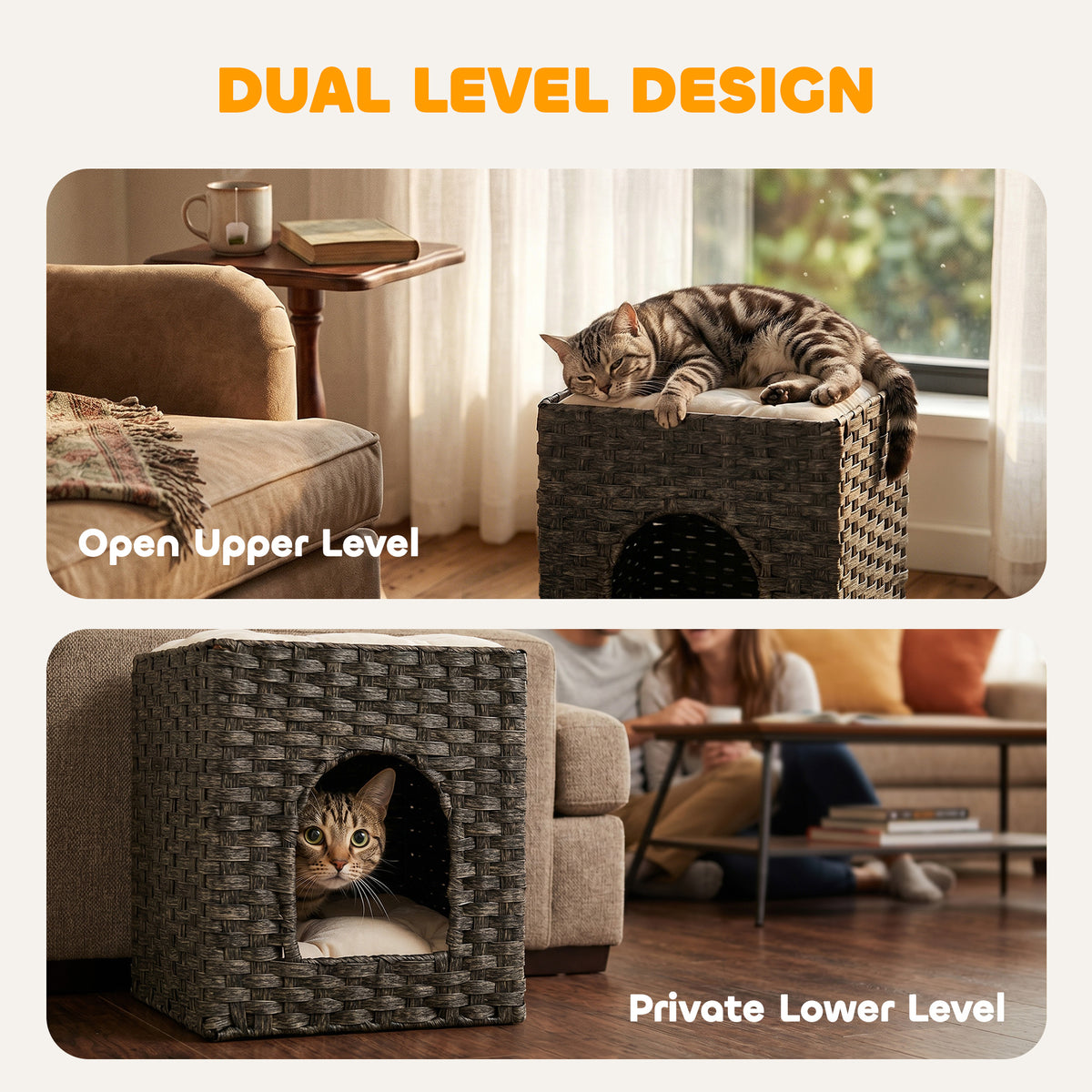 PawHut 2-Tier Wicker Cat House, Handwoven Rattan Cat Bed with Washable Cushions, Indoor Kitten Condo Hideaway