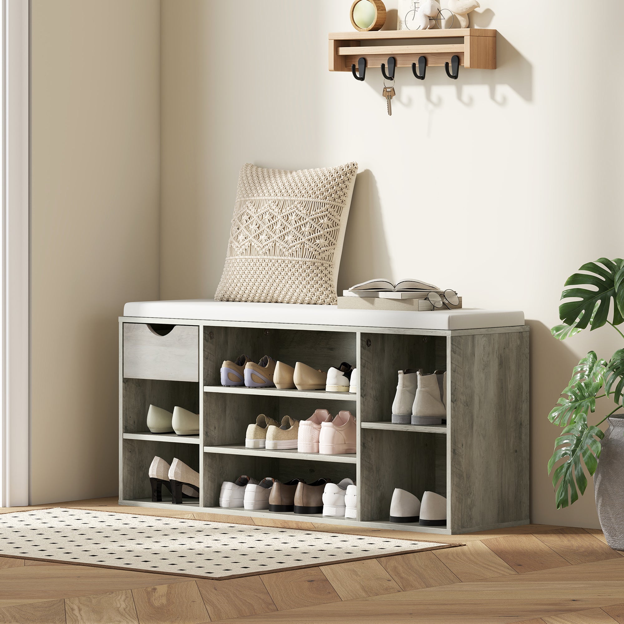 HOMCOM Shoe Storage Bench with Cushion - Grey