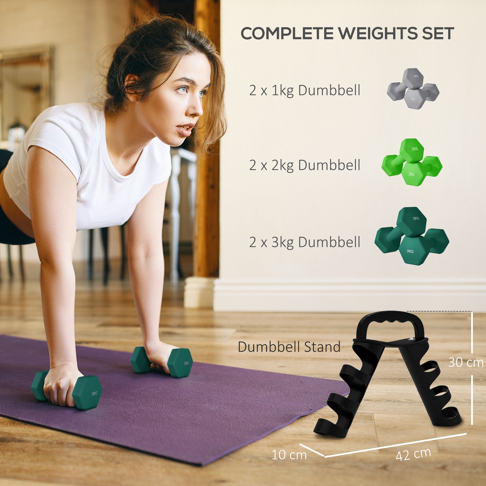 SPORTNOW Dumbbells Set with Carry Storage Rack, Set of 6 Weights for Home Gym Kettlebell Training Weight Lifting Exercise, 2 x 1kg, 2 x 2kg, 2 x 3kg - North Peak Garden Furniture