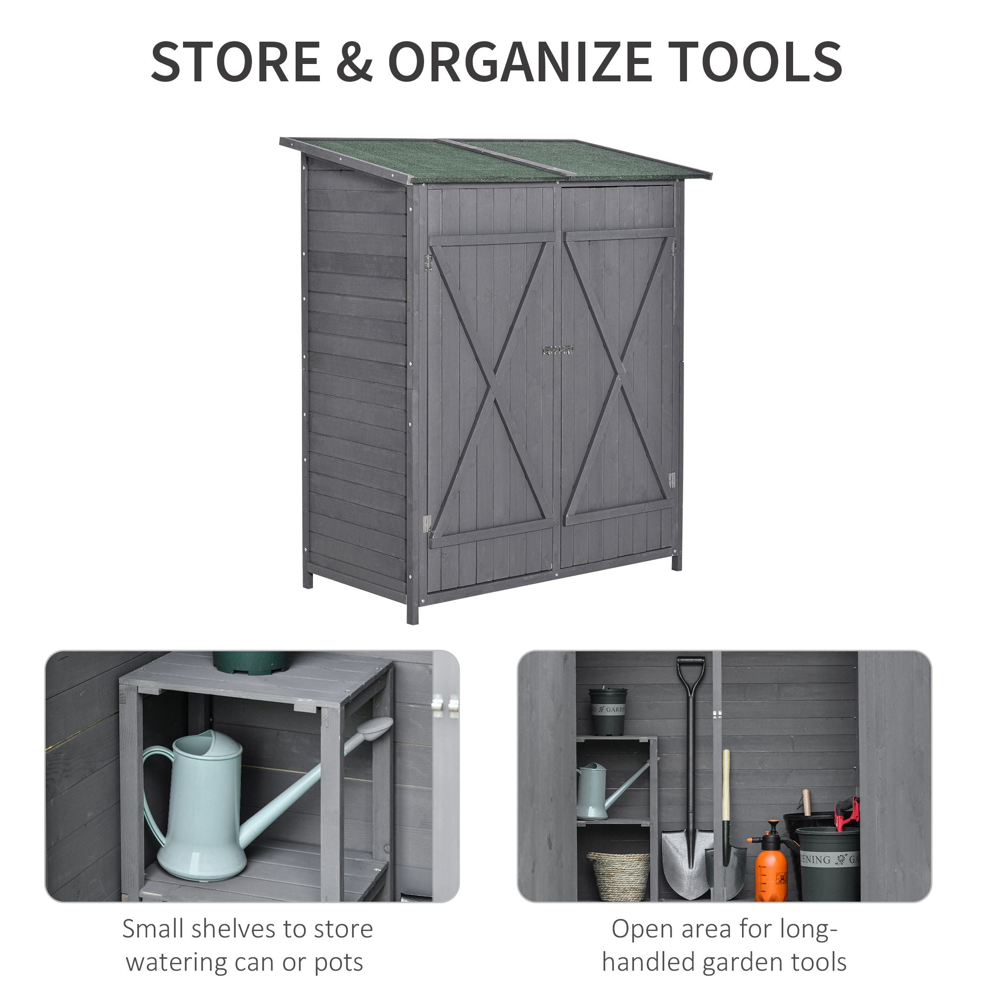 Outsunny 139 x 75 Fir Wood Garden Shed, with Asphalt Roof - Grey - North Peak Garden Furniture