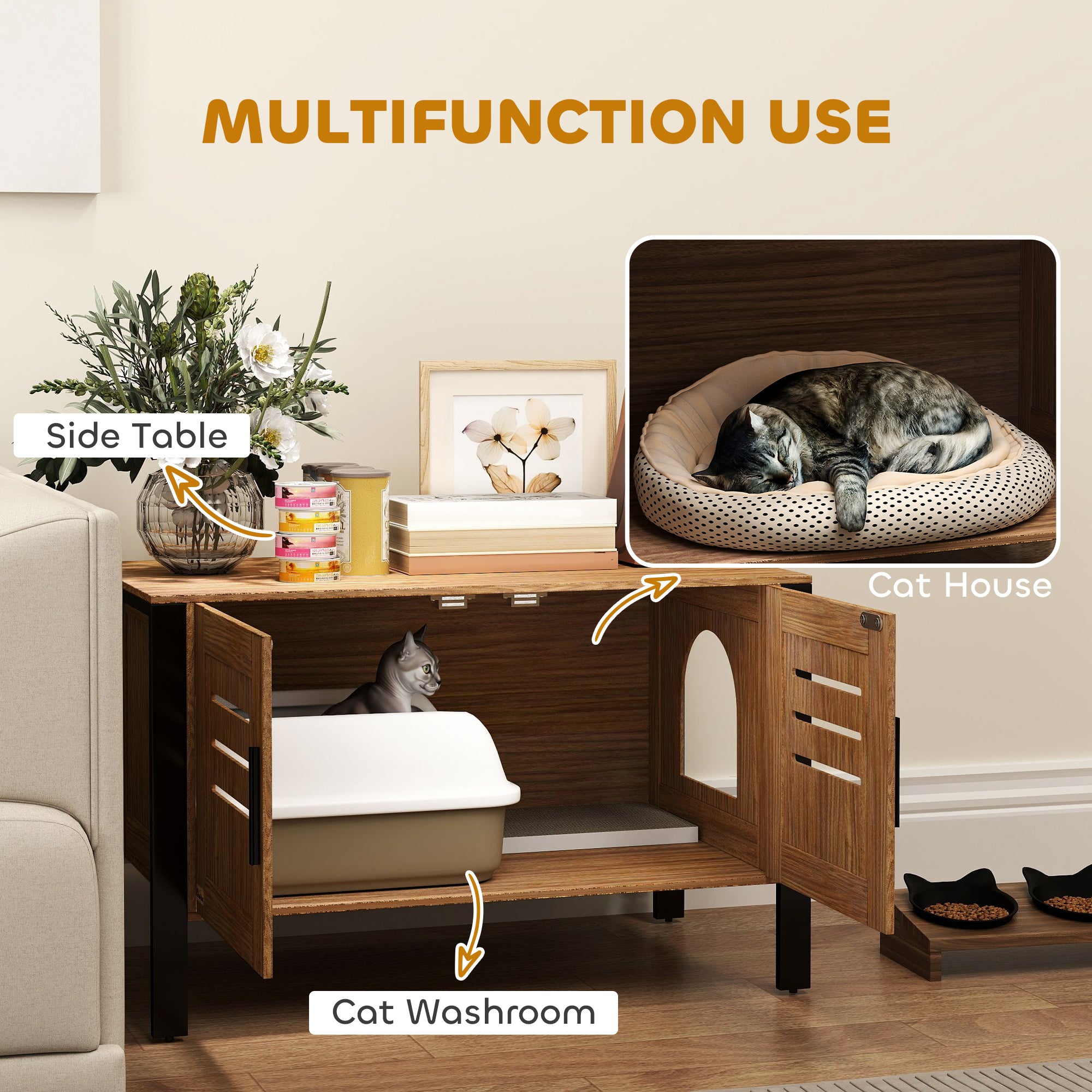 PawHut Cat Litter Box Enclosure with Tall Legs, Scratching Board, Double Doors, Ventilation Holes, 80 x 45 x 50 cm, Dark Brown - North Peak Garden Furniture