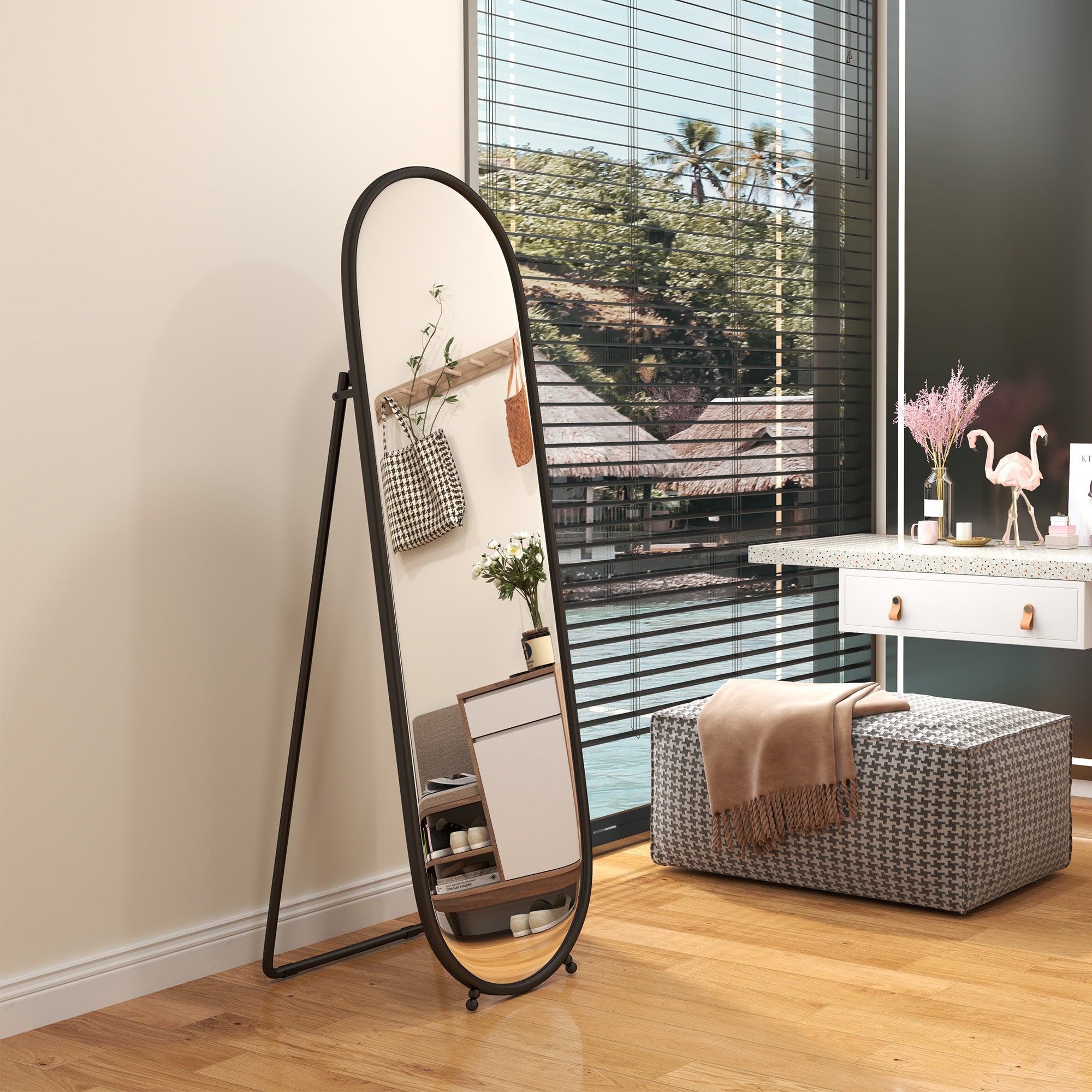 HOMCOM Two-Way Curved Full Length Mirror - Black - North Peak Garden Furniture
