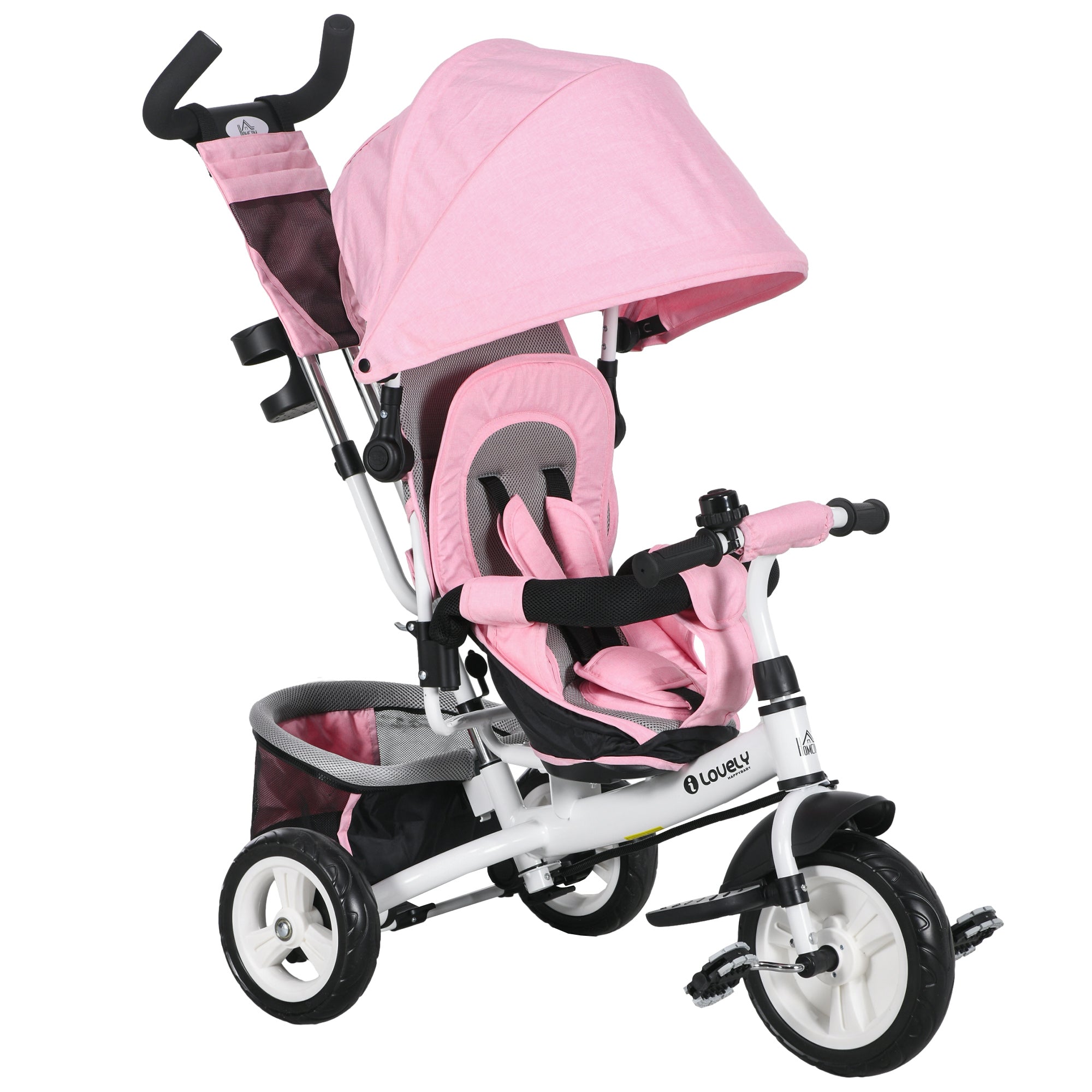 HOMCOM 6 in 1 Kids Trike Push Bike w/ Push Handle, Canopy, 5-point Safety Belt, Storage, Footrest, Brake, for 1-5 Years, Pink - North Peak Garden Furniture