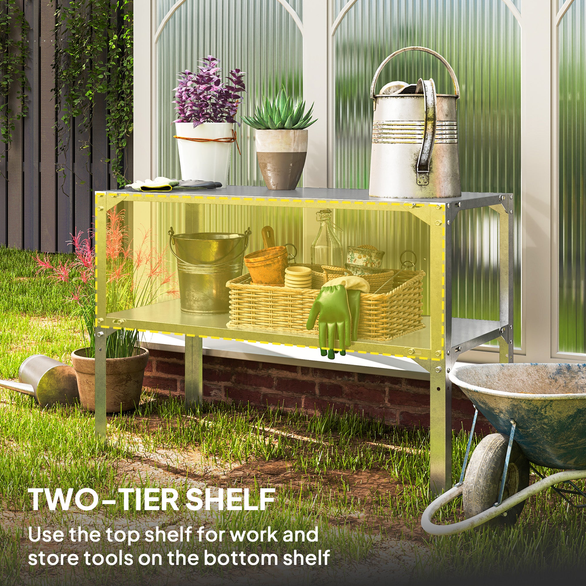 Outsunny 2 Tier Potting Bench Table, Galvanised Steel Garden Planting Work Bench Workstation with Storage Shelf for Outdoor, Patio, Greenhouse, 110 x 50 x 75 cm, Silver Tone - North Peak Garden Furniture