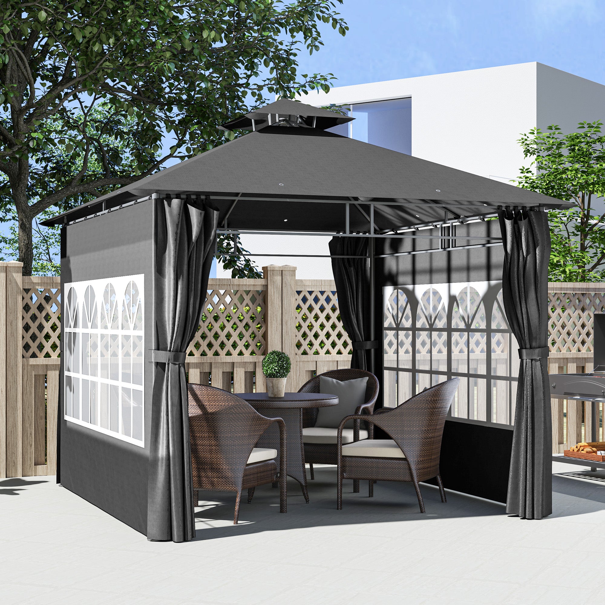 Outsunny 3 x 3 m Garden Gazebo, Double Roof Metal Gazebo with Removable Sidewalls and Church Windows, Outdoor Canopy Shelter, Dark Grey - North Peak Garden Furniture