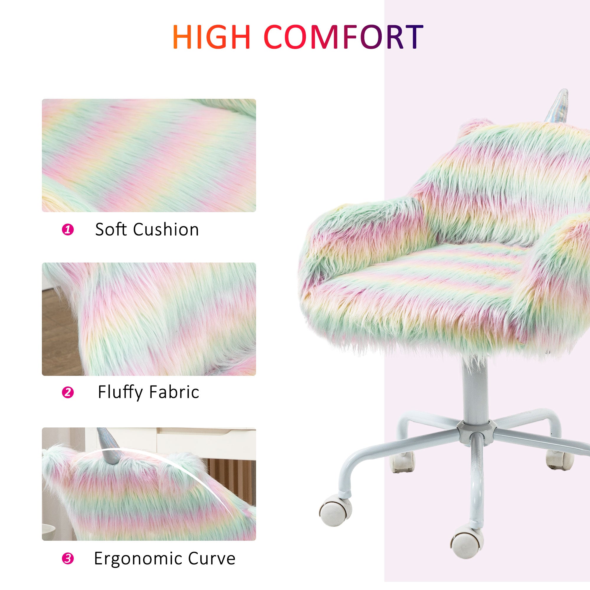 Vinsetto Unicorn Home Office Chair, Height Adjustable Fluffy Desk Chair with Armrests and Swivel Wheels, Colourful - North Peak Garden Furniture