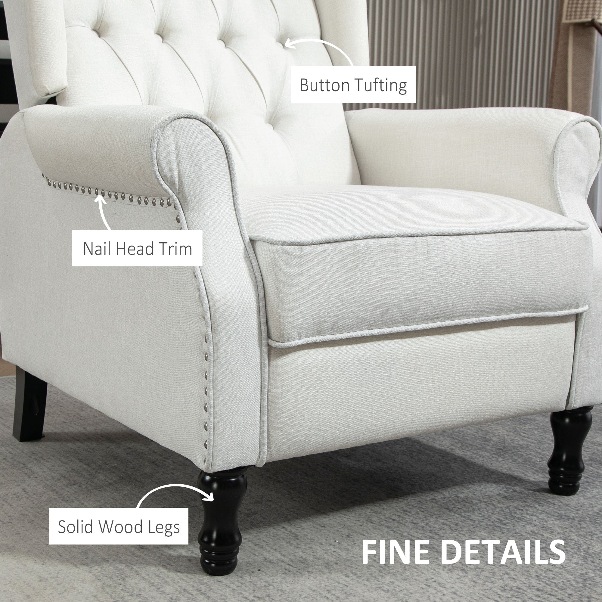 HOMCOM Recliner Armchair, Vintage Reclining Chair with Nail Head Trim, Wingback Chair with Button Tufted Back and Footrest, for Living Room, Cream White - North Peak Garden Furniture