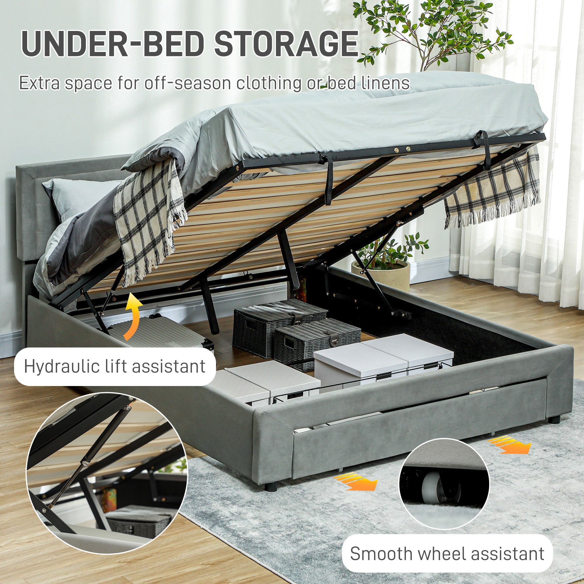HOMCOM Double Size Ottoman Bed Frame, with Front Drawer - Grey - North Peak Garden Furniture