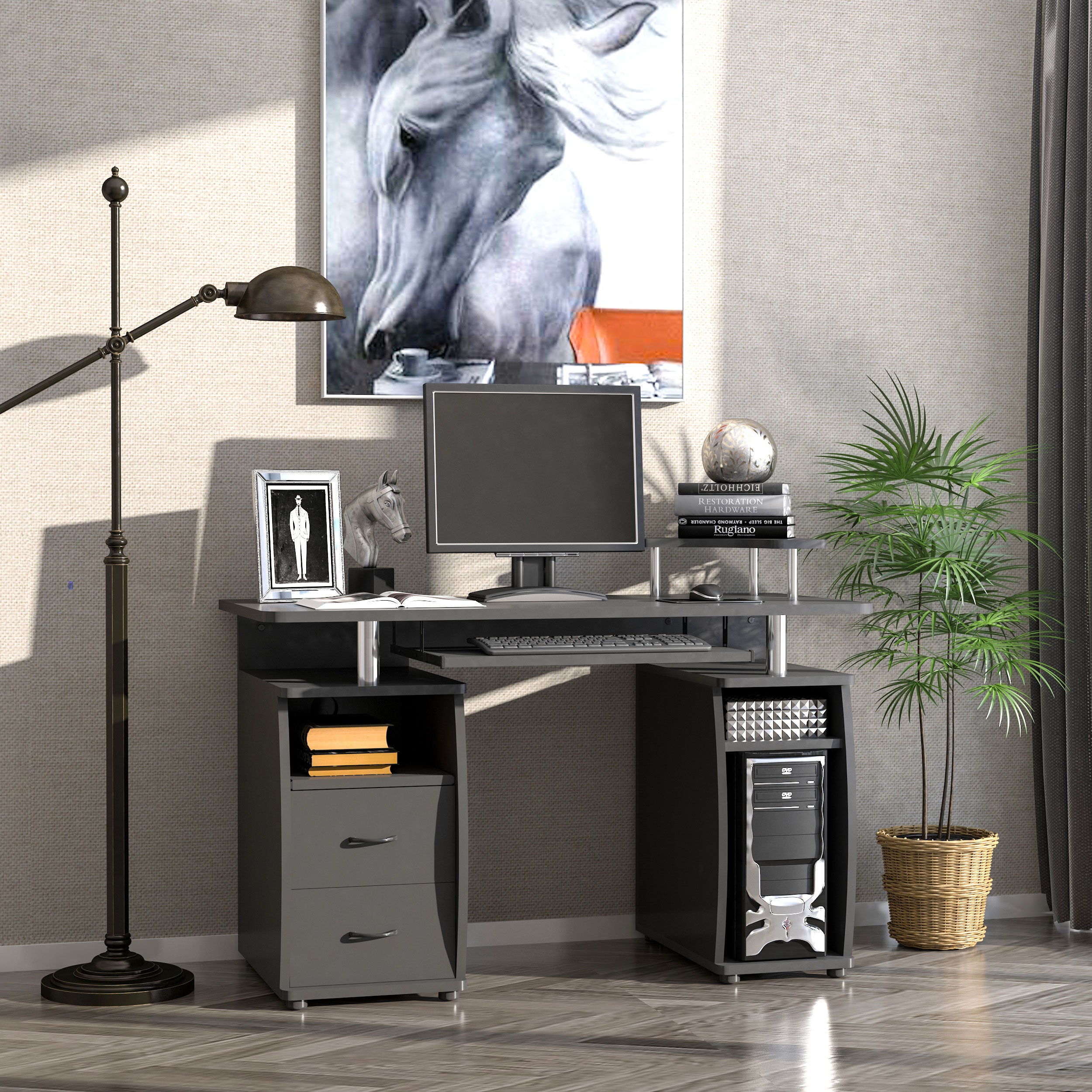 HOMCOM Computer Desk Office PC Table Workstation with Keyboard Tray, CPU Shelf, Drawers, Sliding Scanner Shelf, Black - North Peak Garden Furniture