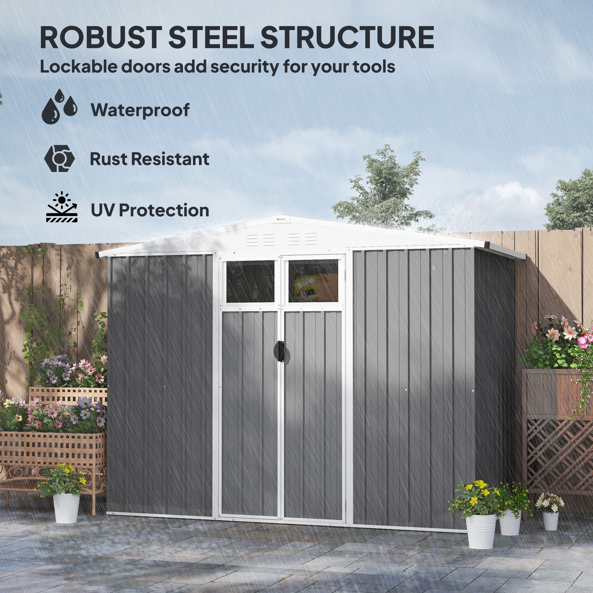 Outsunny 8 x 4 ft Metal Garden Shed, Garden Storage Shed with Window, 4 Vents and Lockable Door, Waterproof Galvanised Steel Tool Storage Shed, Light Grey - North Peak Garden Furniture