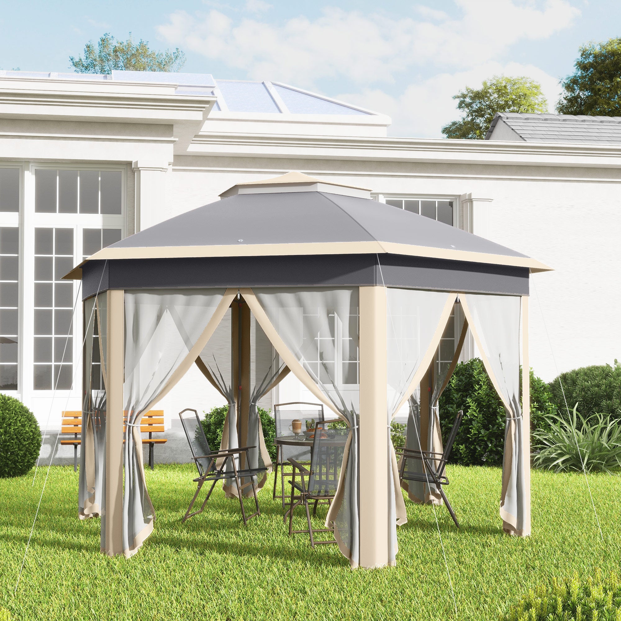 Outsunny Hexagon Pop Up Gazebo Outdoor Patio Gazebo Double Roof Instant Shelter with Netting, 3 x 4m, Khaki - North Peak Garden Furniture