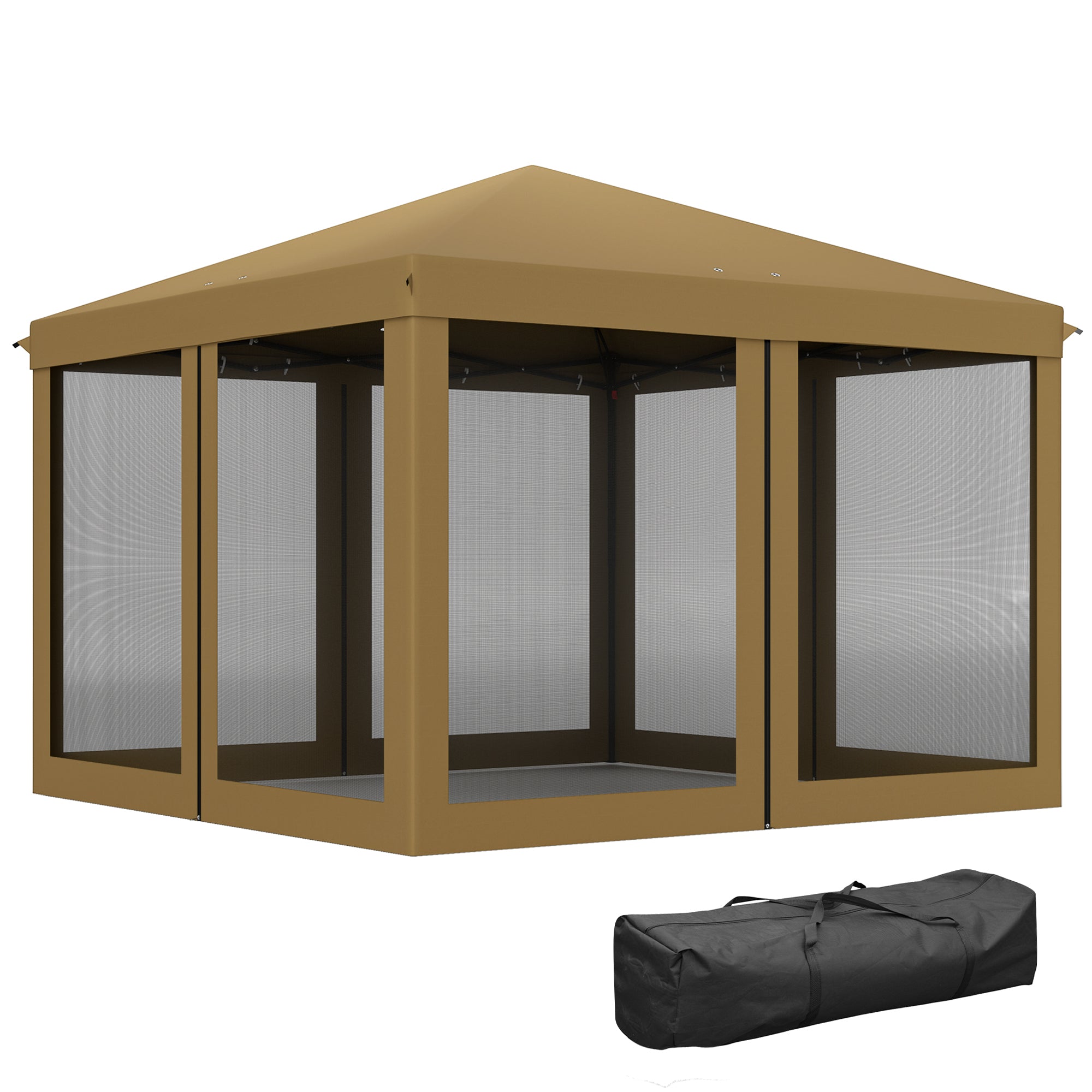Outsunny 3 x 3 m Pop Up Gazebo, 420D Garden Tent Canopy with Removable Mesh Sidewall Netting, Carry Bag for Garden Patio Outdoor, Khaki - North Peak Garden Furniture