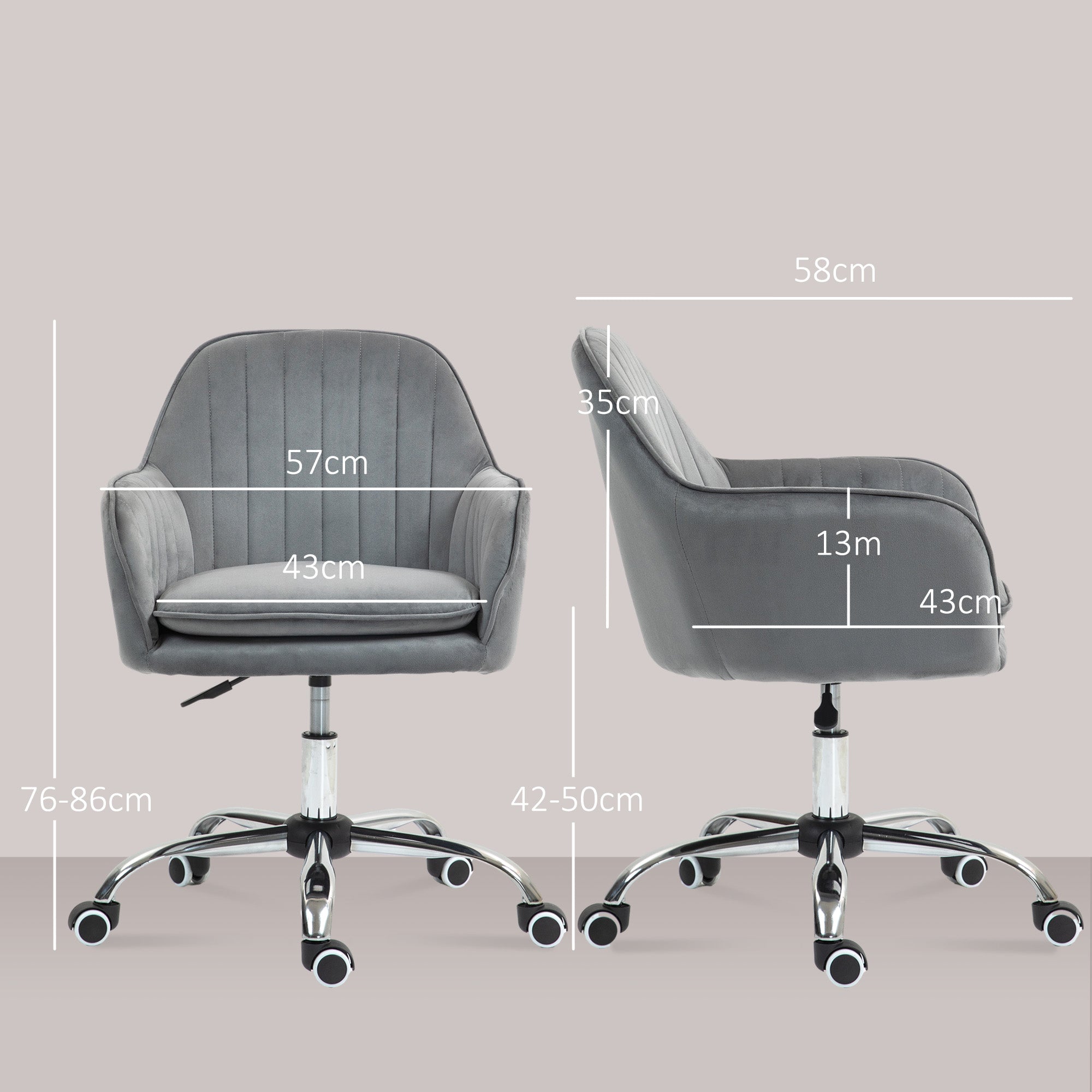 HOMCOM Office Chair, Swivel Desk Chair, Velvet-Feel Fabric Vanity Chair with Adjustable Height and Rolling Wheels for Home Work Study, Grey - North Peak Garden Furniture