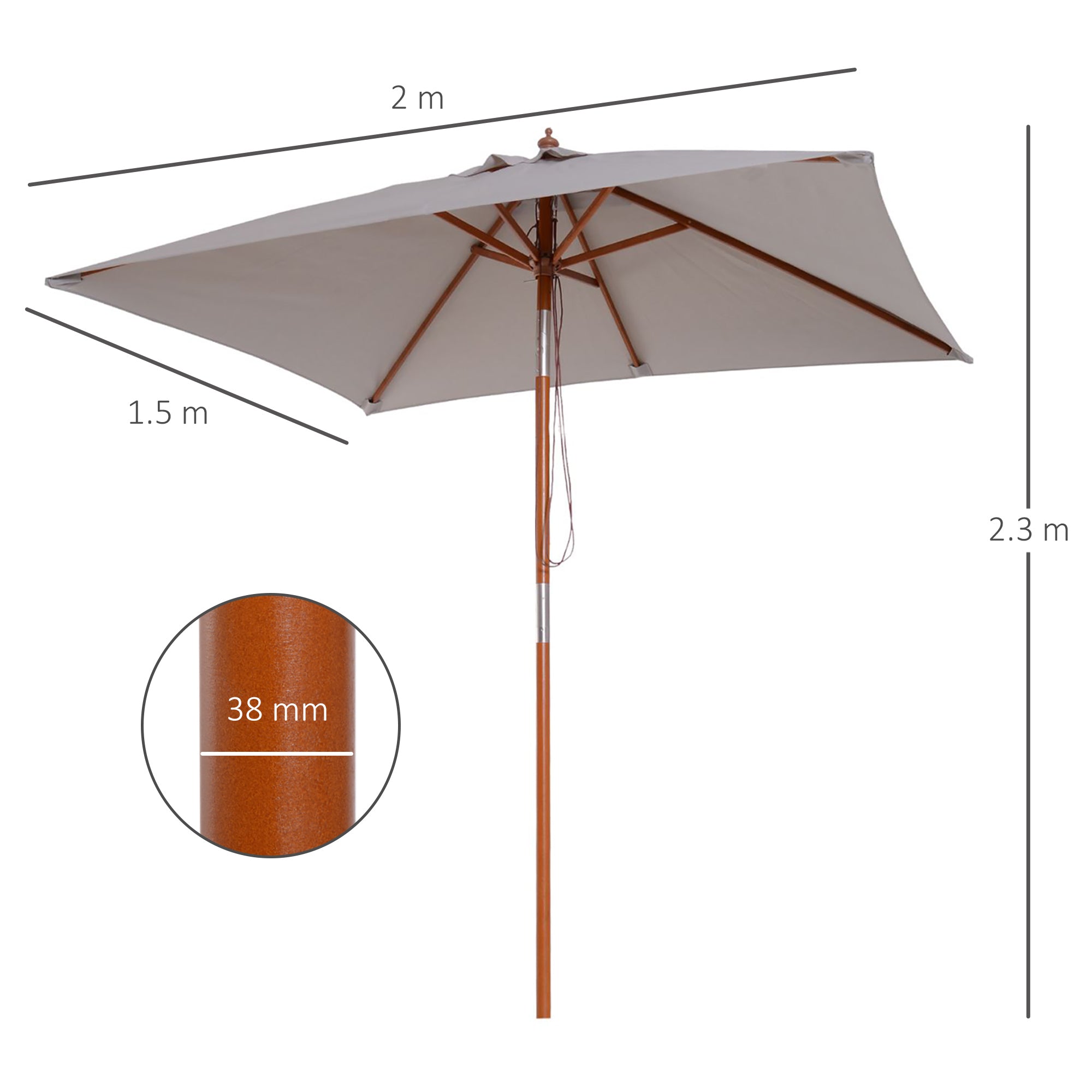 Outsunny 2m x 1.5m Patio Garden Parasol Sun Umbrella Sunshade Canopy Outdoor Backyard Furniture Fir Wooden Pole 6 Ribs Tilt Mechanism - Grey