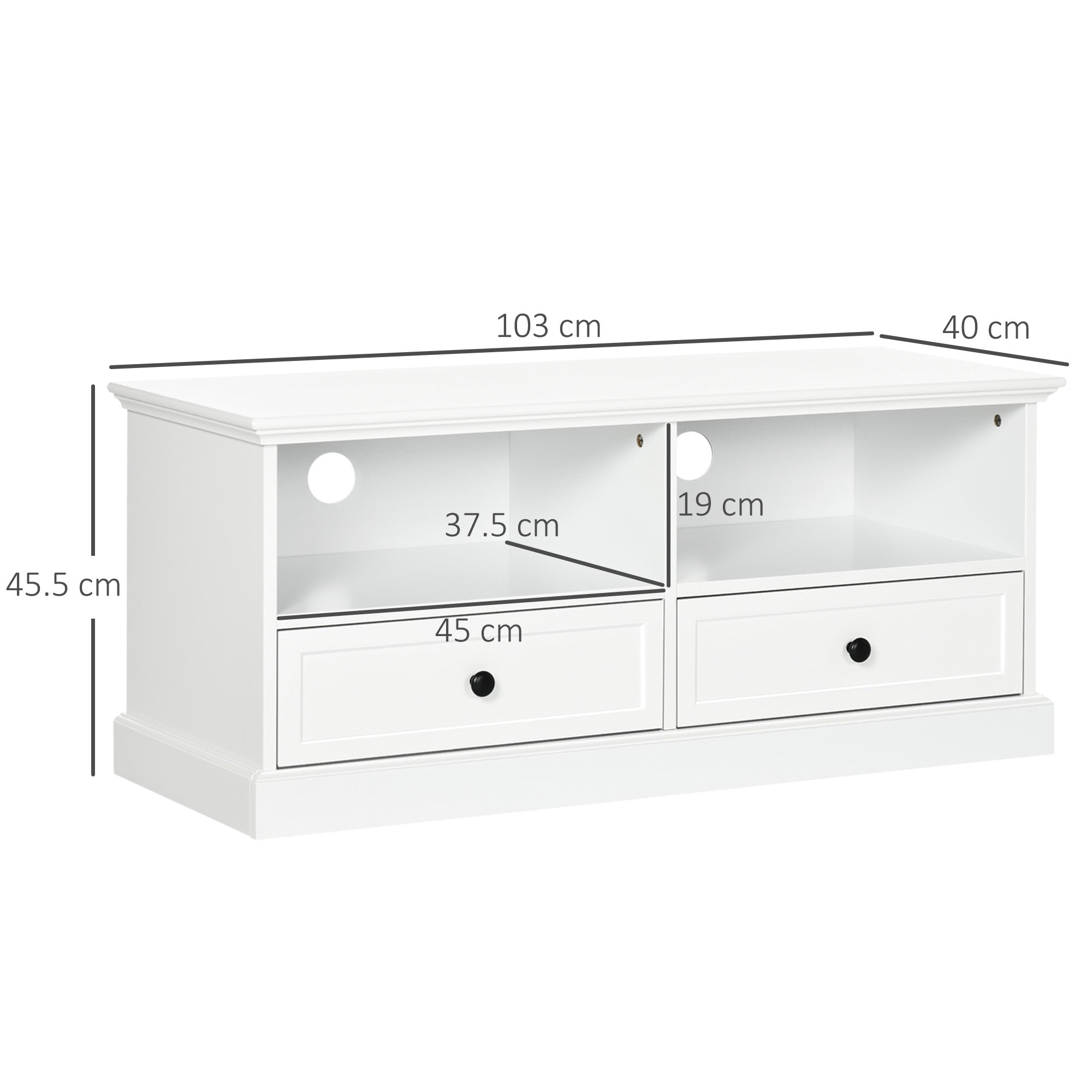 HOMCOM Modern TV Unit Cabinet for TVs up to 45 Inches, TV Stand with Drawers, Open Shelves, Cable Holes for Living Room, White - North Peak Garden Furniture