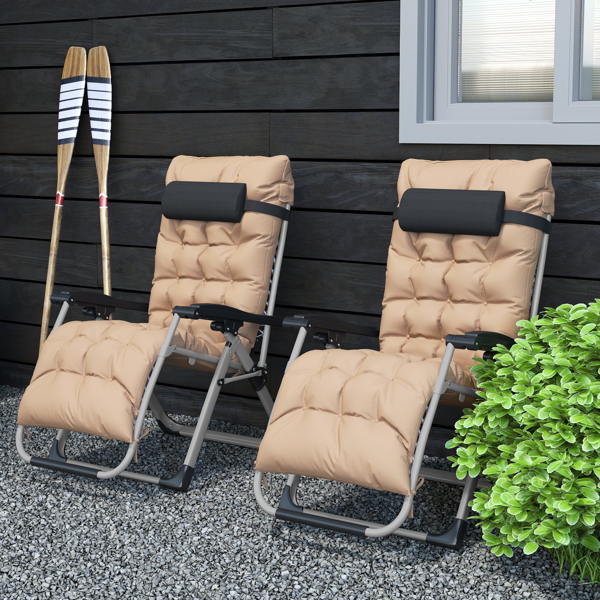 Outsunny 2 Piece Reclining Zero Gravity Sun Loungers with Cushions, Khaki - North Peak Garden Furniture