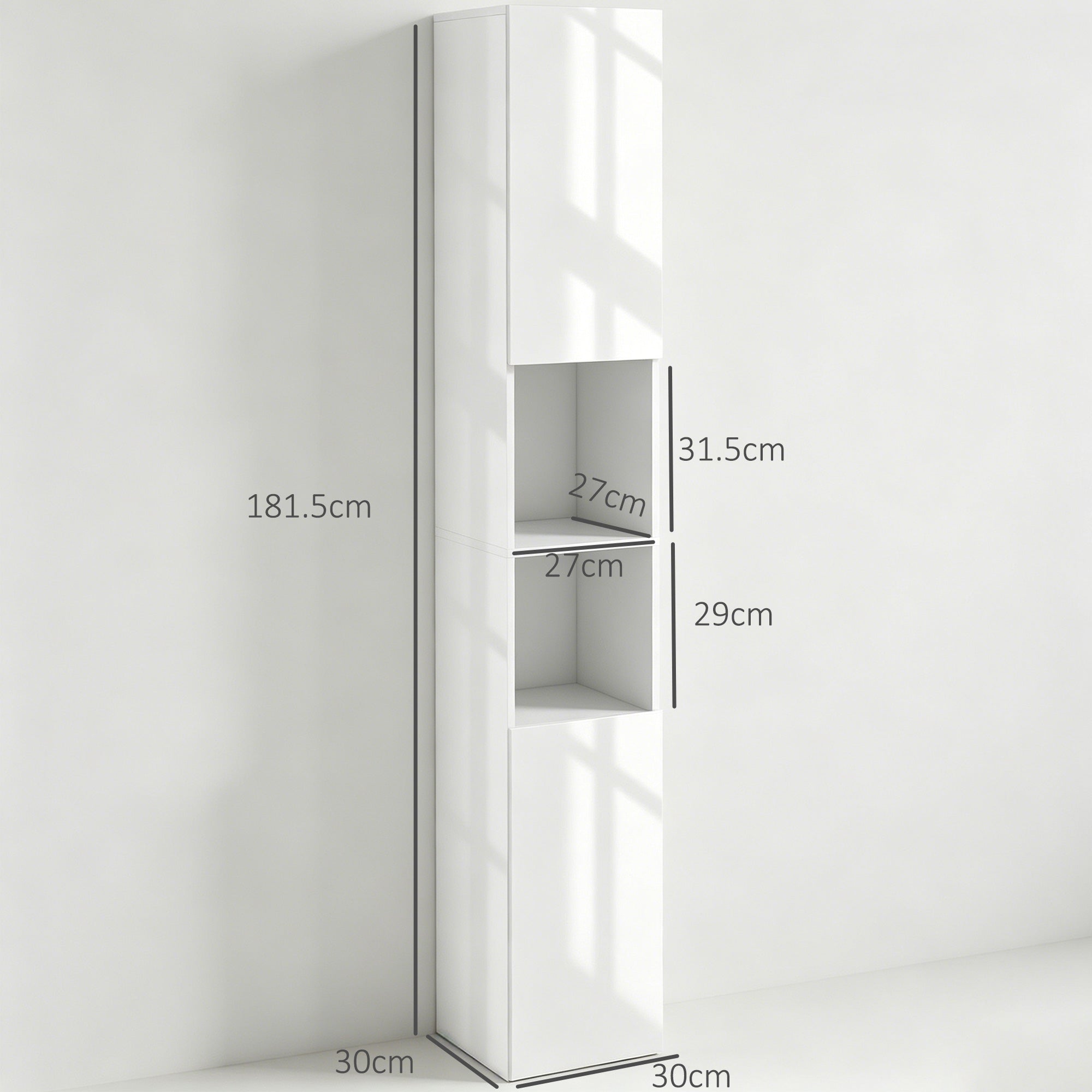 kleankin Freestanding Bathroom Cabinet, High Gloss Storage Cabinet with Doors and Adjustable Shelves, 30 x 30 x 181.5 cm, White
