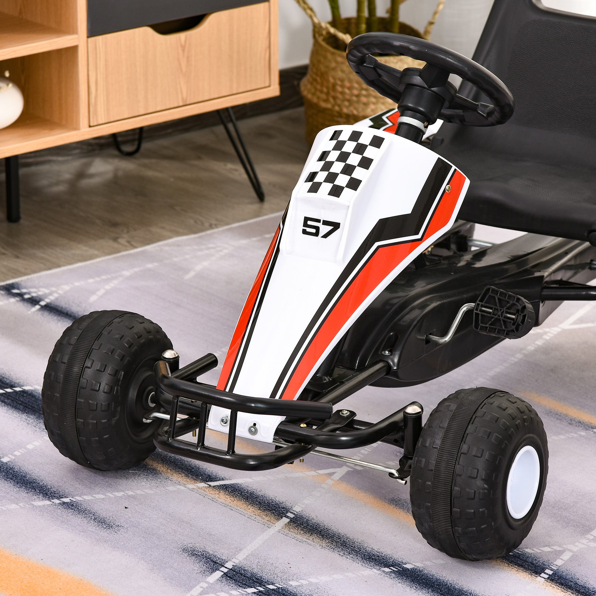 HOMCOM Kids Children Pedal Go Kart Manual Ride On Car w/ Brake Gears Steering Wheel Adjustable Seat 4 Smooth Wheels Racing-Style White 104 x 66 x 57 cm - North Peak Garden Furniture
