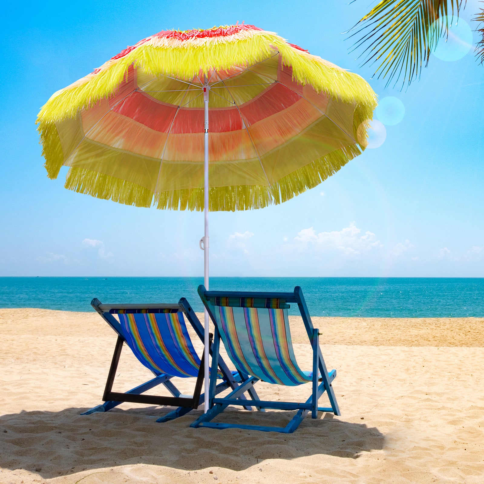 Outsunny Portable Beach Umbrella: Foldable Rainbow Parasol for Hawaiian-Style Sun Protection