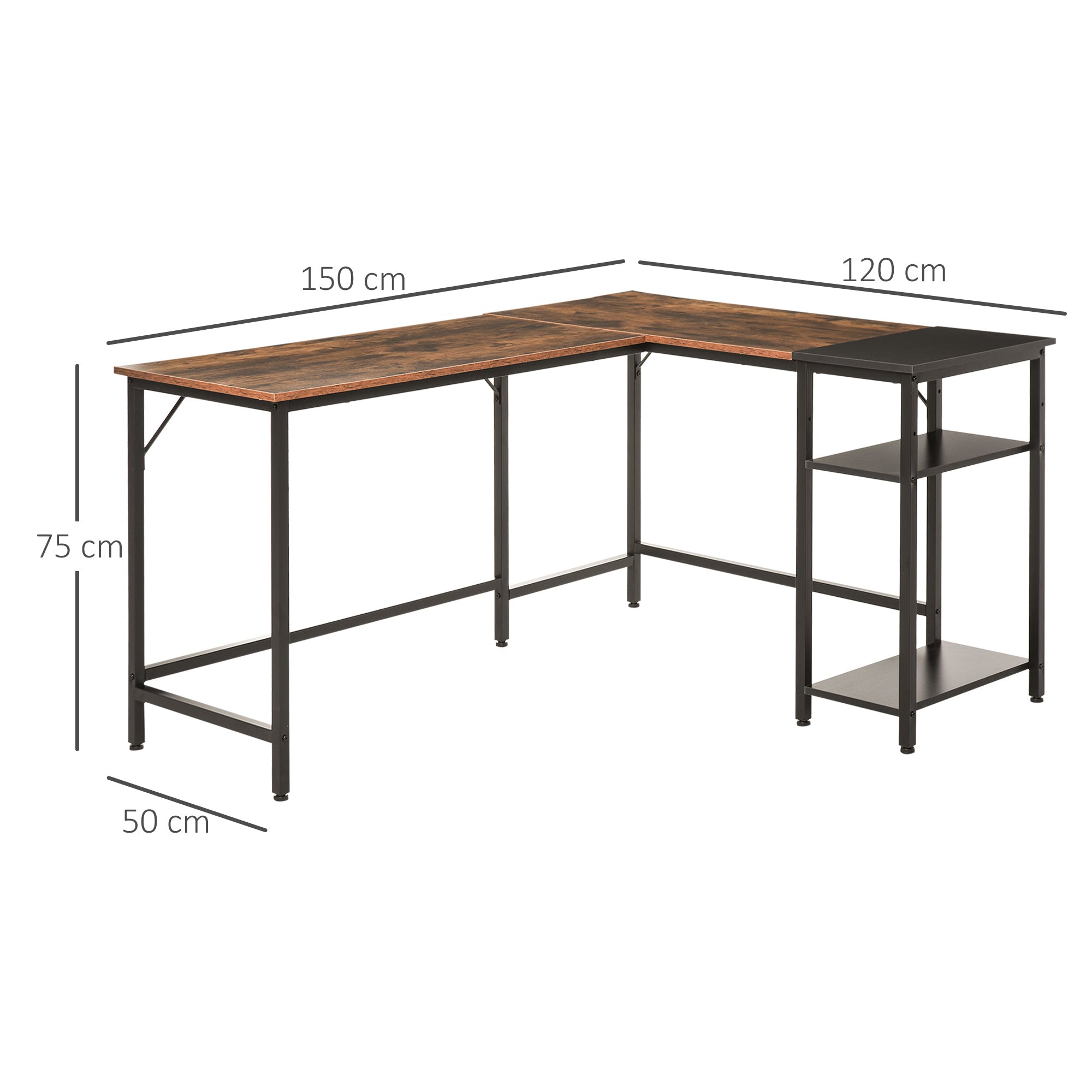 HOMCOM L-Shaped Computer Desk Industrial Corner Writing Desk with Adjustable Storage Shelf Space-Saving Home Office Workstation 150 x 120 x 75 cm Rustic Brown