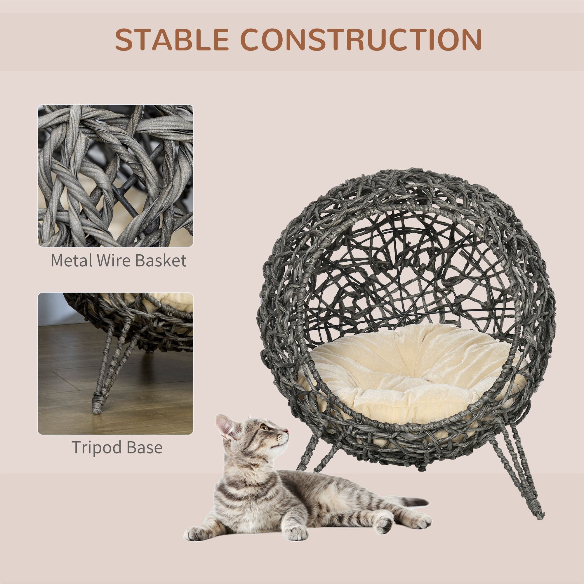 PawHut Rattan Elevated Cat Bed House Kitten Basket Ball Shaped Pet Furniture w/ Removable Cushion - Silver-Tone and Grey