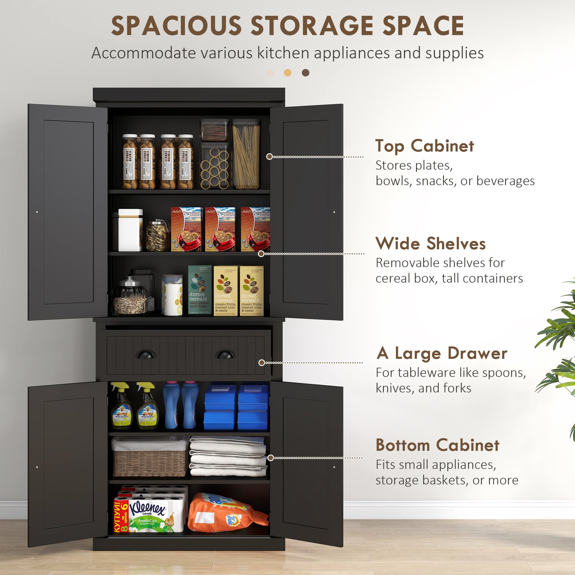 HOMCOM Freestanding Multi-Storage Kitchen Cabinet - Black - North Peak Garden Furniture