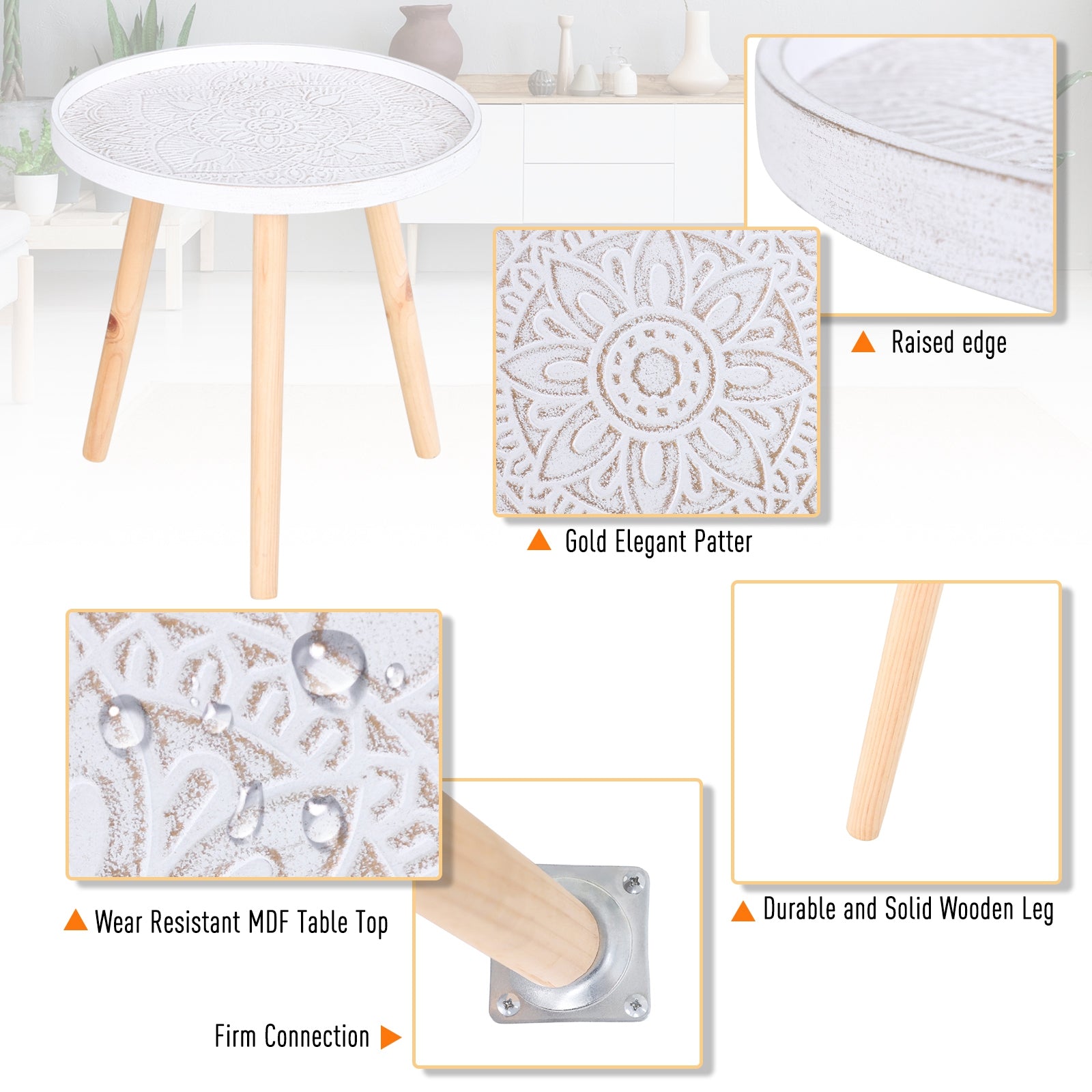 HOMCOM Coffee Table, Carved Floral Round Table with Tray-style Top and Wood Legs, Modern Side Table for Living Room, White - North Peak Garden Furniture