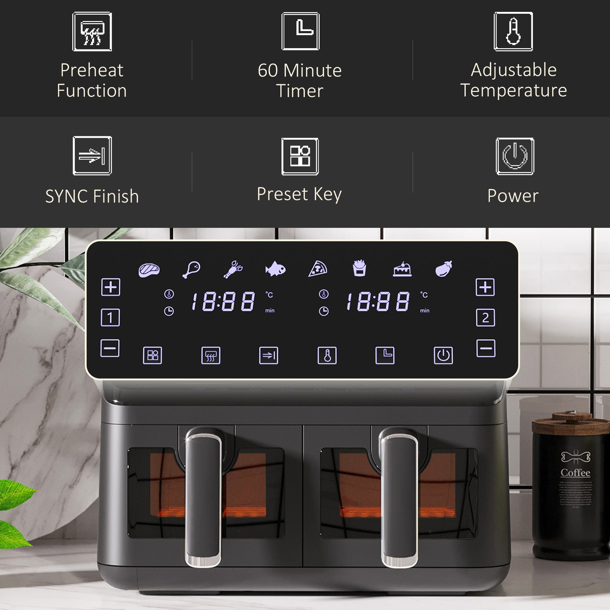 HOMCOM 8L Dual Basket Air Fryer, 8-in-1 Air Fryer Oven with Digital Display, Visible, Timer, Preheat for Oil Free Low Fat Cooking, 2500W, Sync Finish, Sliver - North Peak Garden Furniture