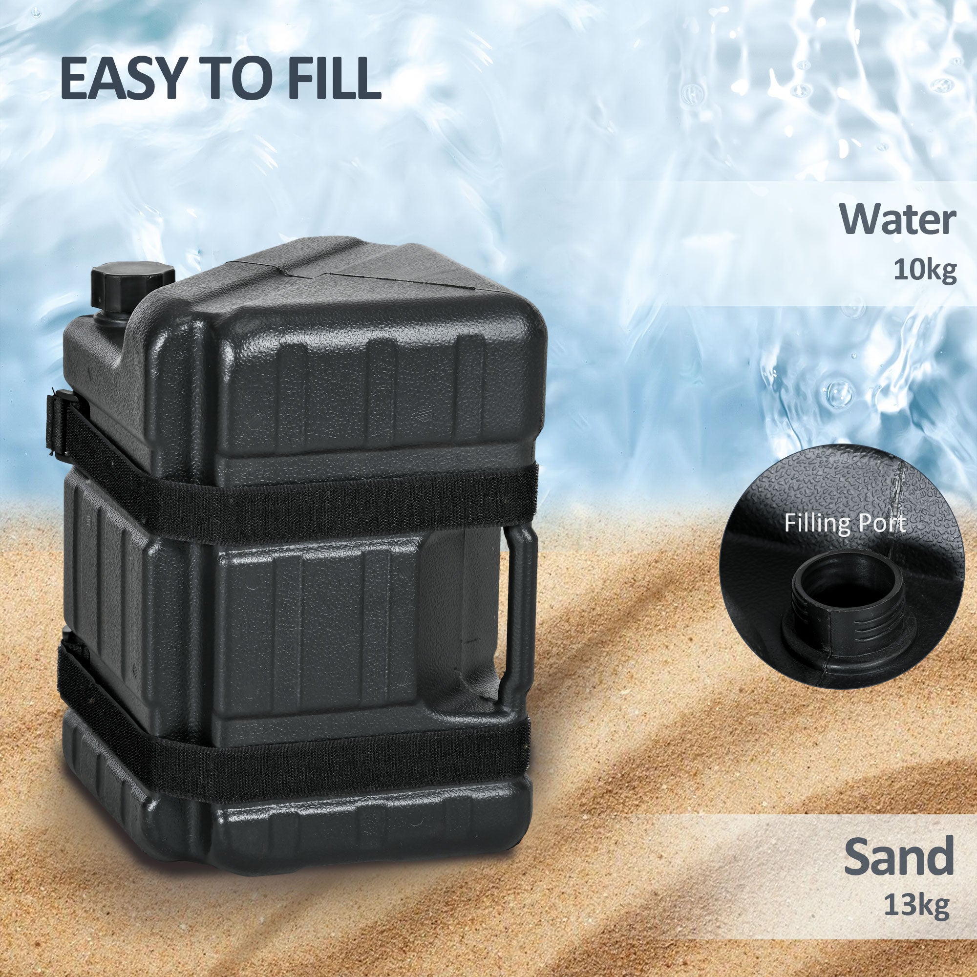 Outsunny HDPE Gazebo Weights Set of 4, Water or Sand Filled Weights for Gazebo Legs, with Built-in Handles and Secure Straps - North Peak Garden Furniture