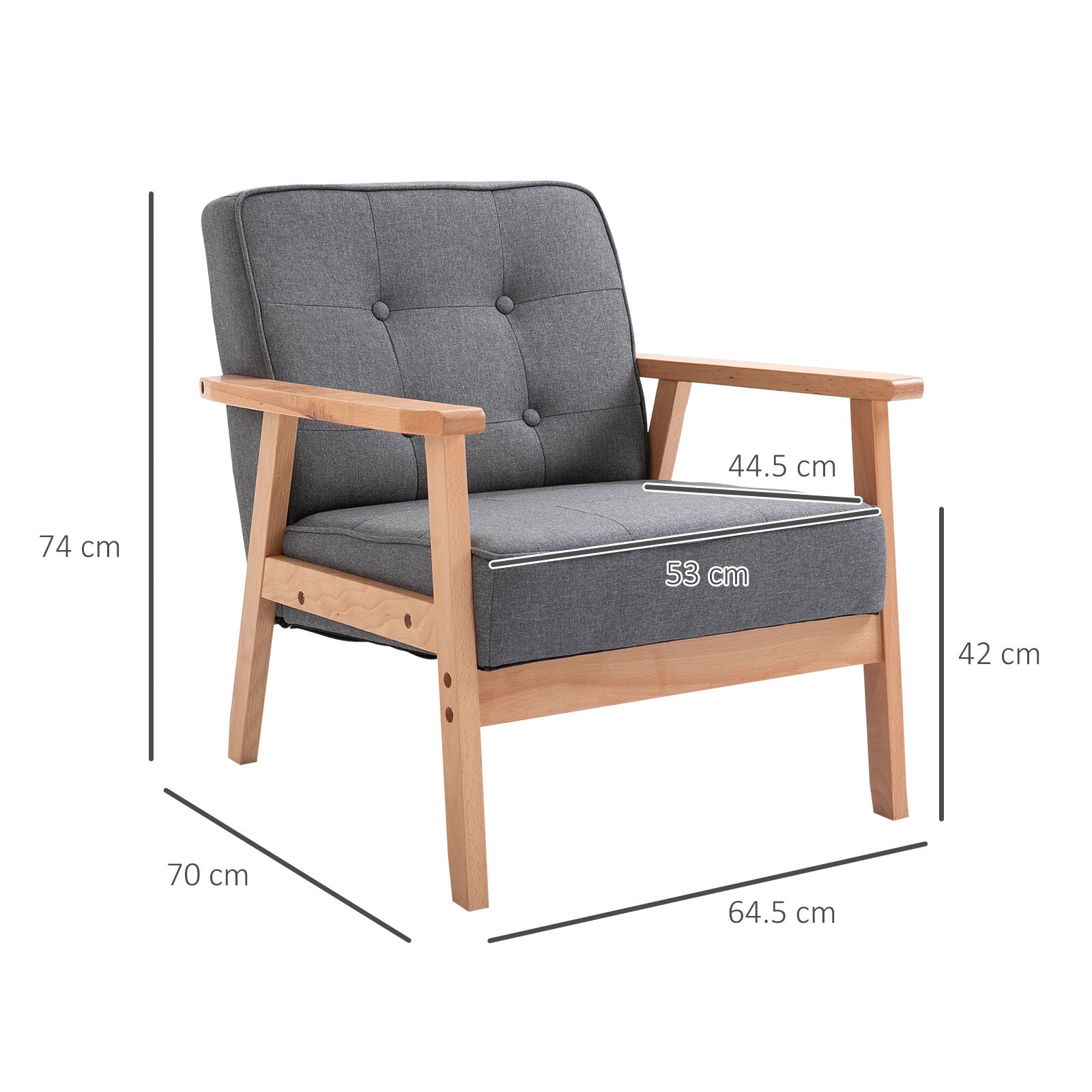 HOMCOM Armchair, Linen Fabric Accent Chair, Occasional Chair with Beech Wood Frame for Living Room, Reception, Bedroom, Balcony, Set of 2, Grey and Natural - North Peak Garden Furniture
