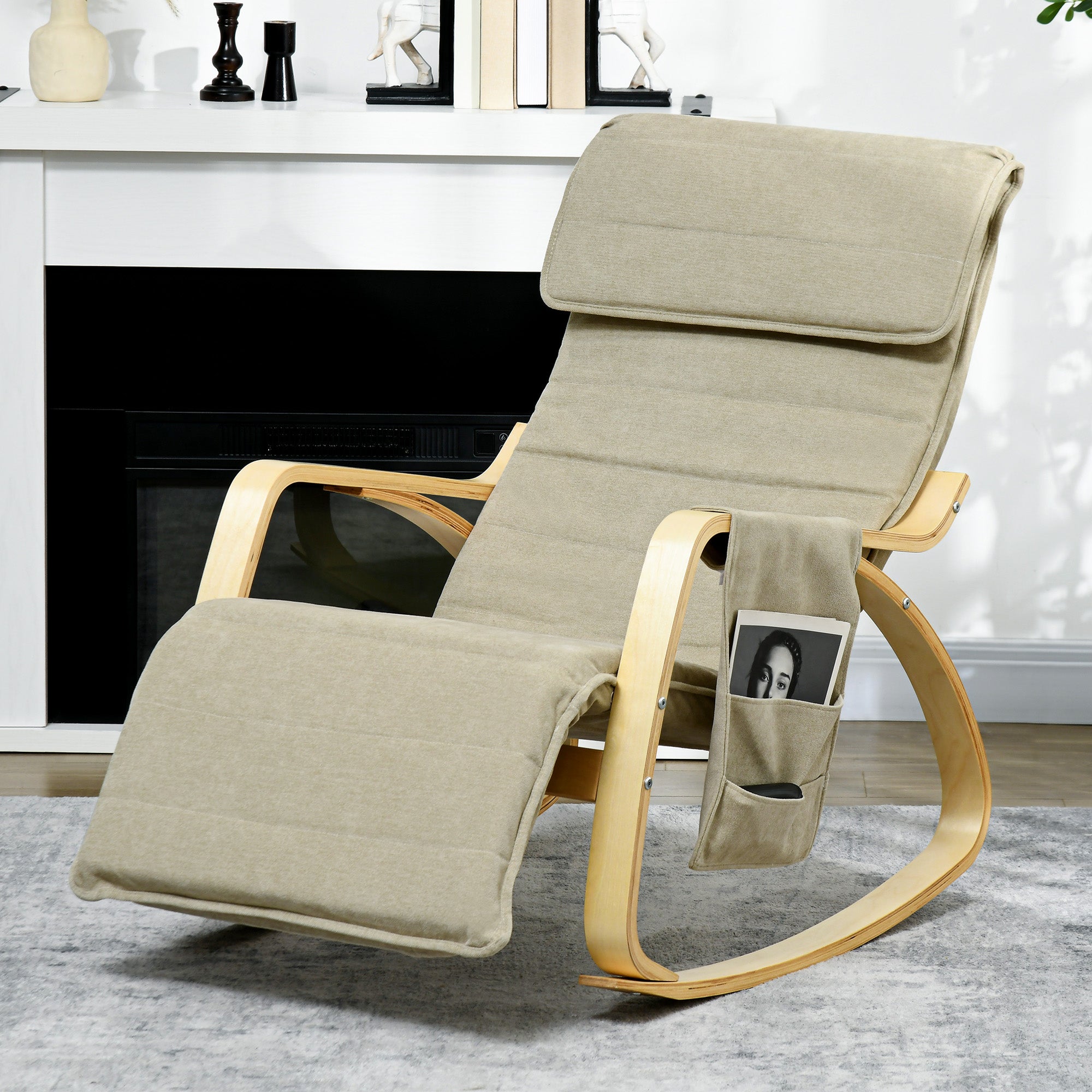 HOMCOM Rocking Lounge Chair Recliner Relaxation Lounging Relaxing Seat with Adjustable Footrest, Side Pocket and Pillow, Khaki - North Peak Garden Furniture