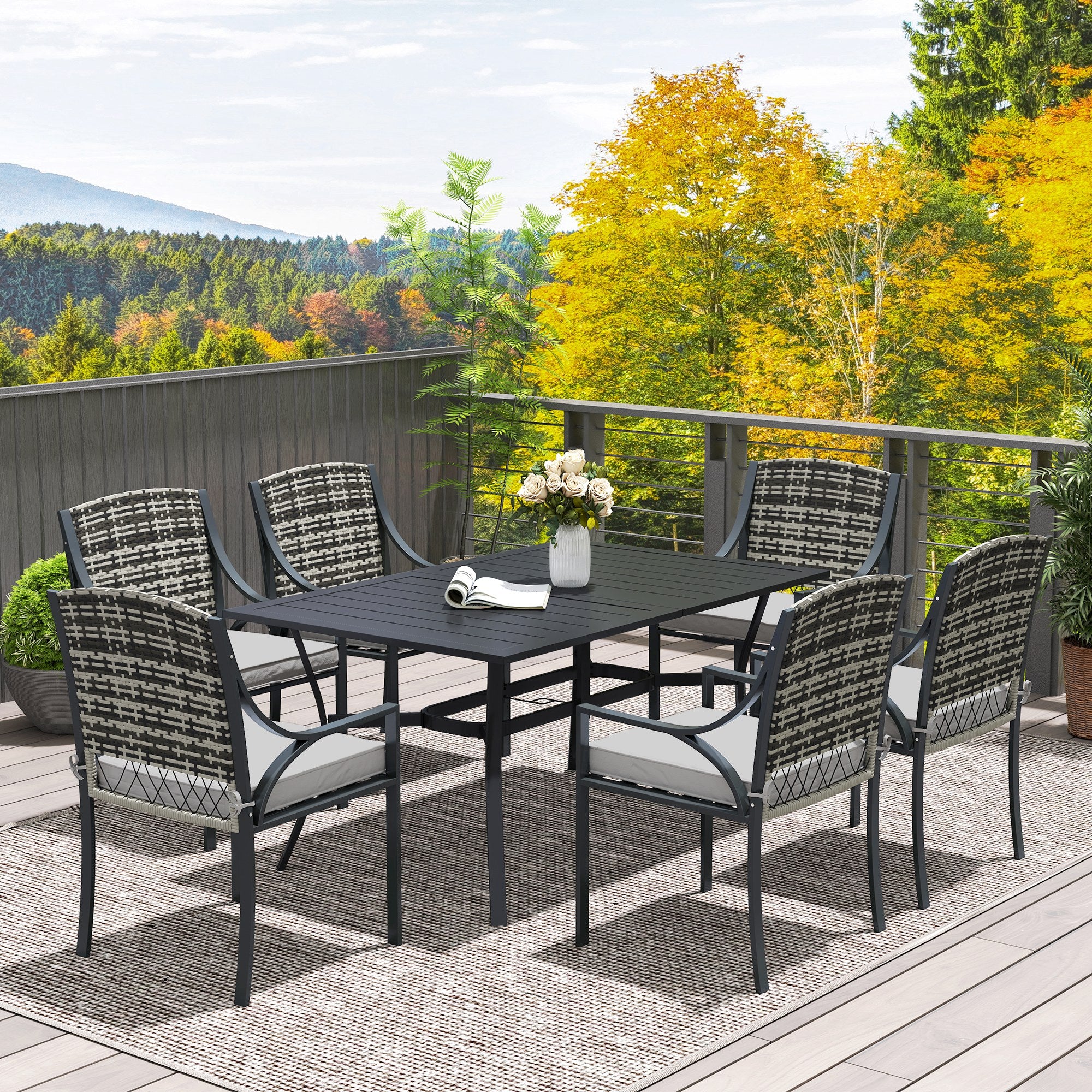 Outsunny Rattan Garden Furniture Set with Cushions, 6 Seater Rattan Dining Set with 6 Armchairs, 150 x 96cm Rectangular Table, Umbrella Hole, for Outdoor, Patio, Balcony, Terrace, Conservatory - North Peak Garden Furniture