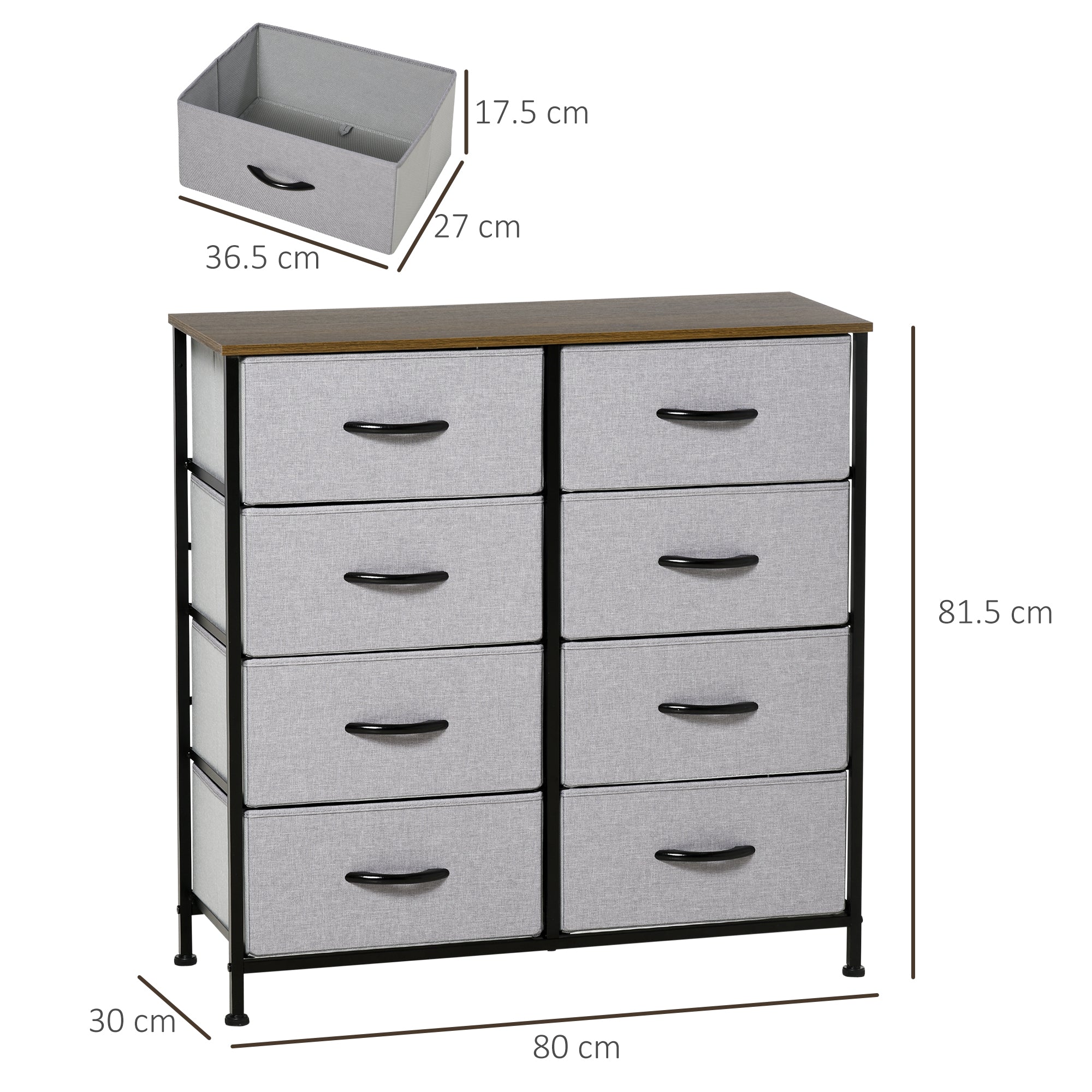 HOMCOM Fabric Chest of Drawers, Storage Drawers, Industrial Bedroom Dresser with 8 Fabric Drawers, Steel Frame and Wooden Top for Nursery, Living Room, Hallway, Grey