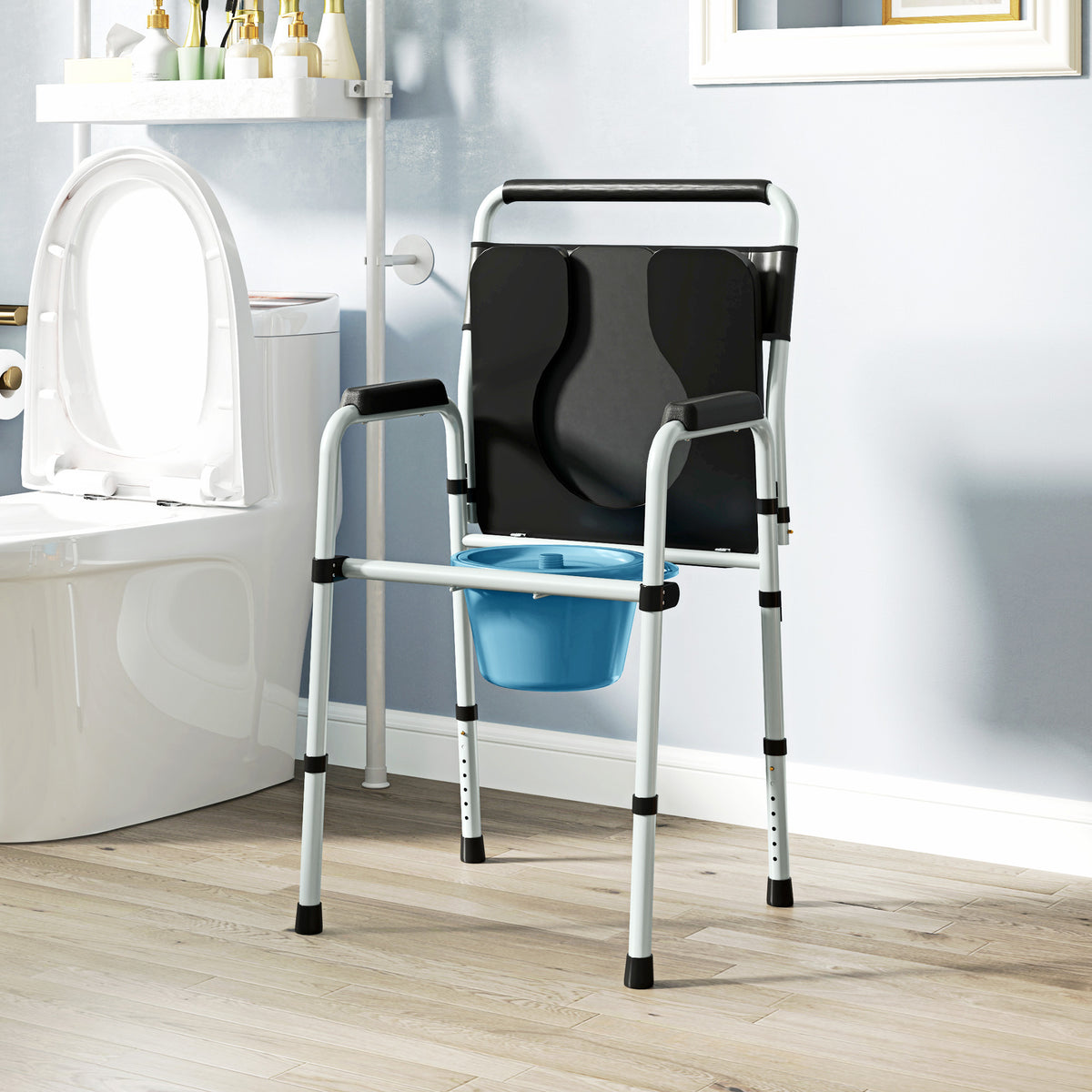 HOMCOM Lightweight Non-Slip Commode, Height Adjustable Commode Toilet Chair with Arms and Back, Black