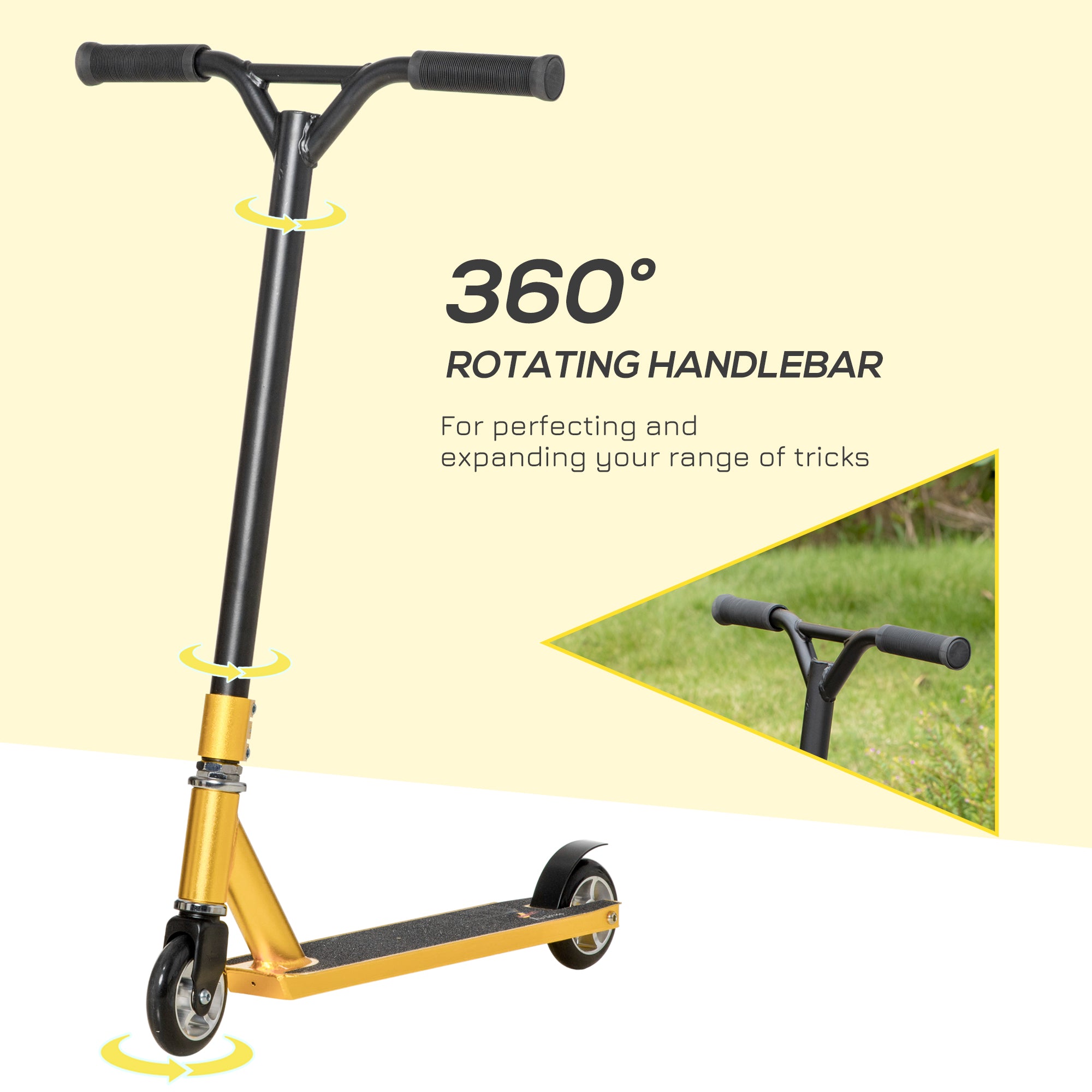 HOMCOM Stunt Scooter, 360° Entry Level Tricks Scooter w/ Lightweight Aluminium Deck and ABEC 7 Bearing, For Age 14+ Beginners, Gold Tone - North Peak Garden Furniture
