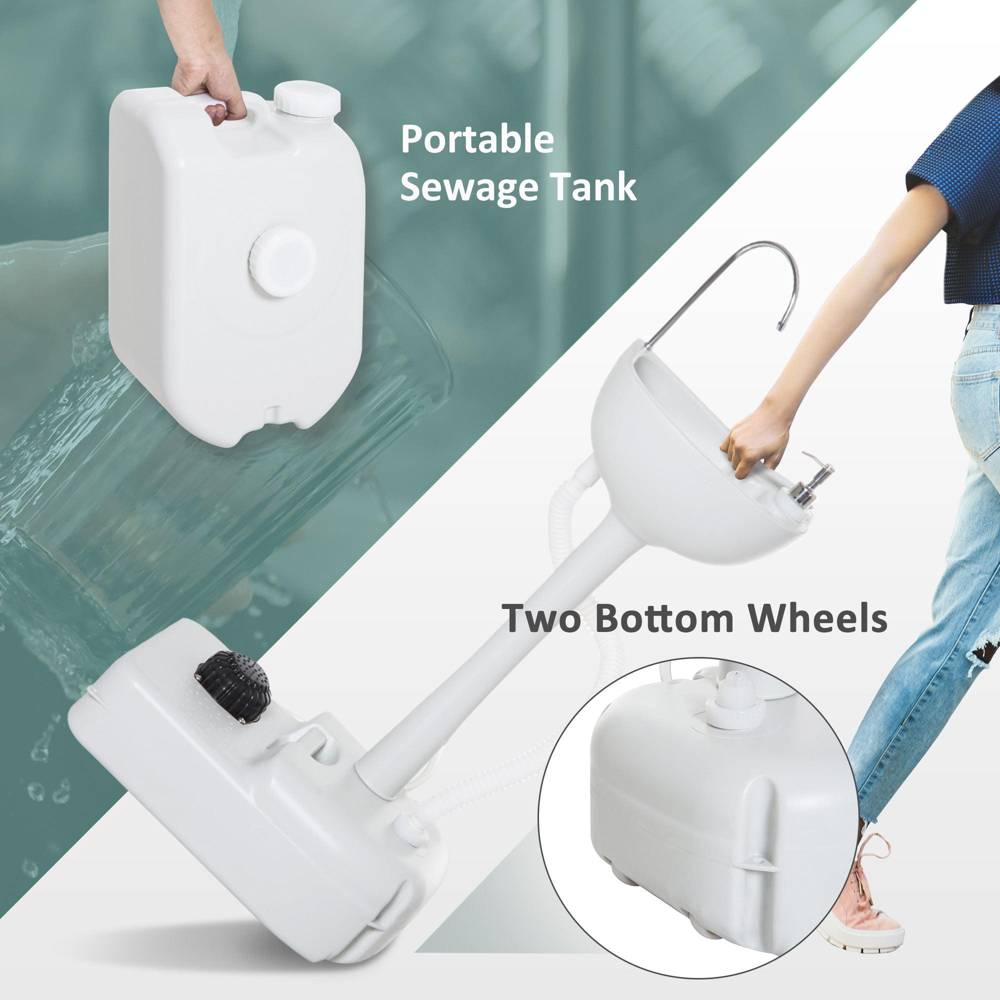 Outsunny Portable Camping Sink with Running Water and Wastewater Tank, Hand Wash Basin with Rolling Wheels, Foot Pump, Soap Dispenser for Outdoor Events, Gatherings, Picnic - North Peak Garden Furniture